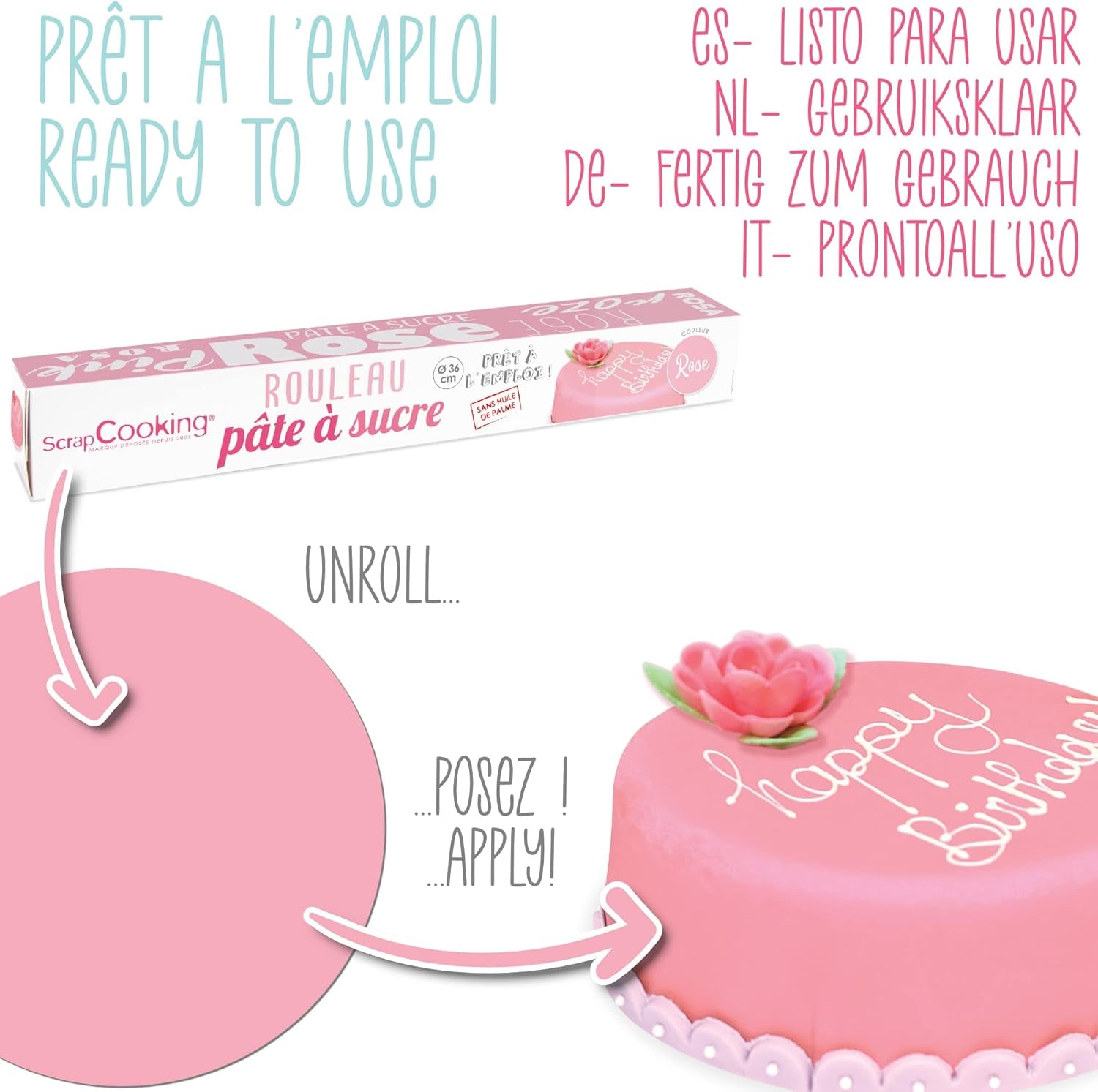 ScrapCooking - Rollo de fondant rosa â'¬ 36 cm - Fondant negro enrollado 430 g - Cake topper decoración de tartas, repostería, cumpleaños, fiestas - Rosa - 7264 Pasta de azúcar Naty Shop