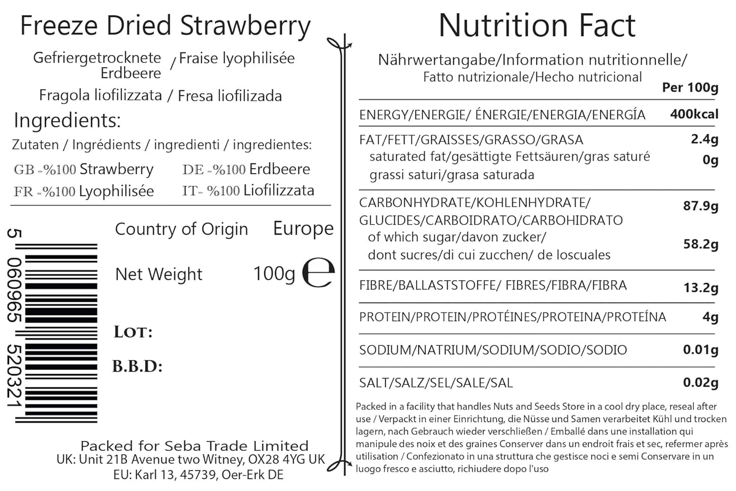 Seba Garden Fresas liofilizadas Premium, deliciosas fresas mediterráneas, sin OGM y veganas (100 g) Productos secos Mi tienda