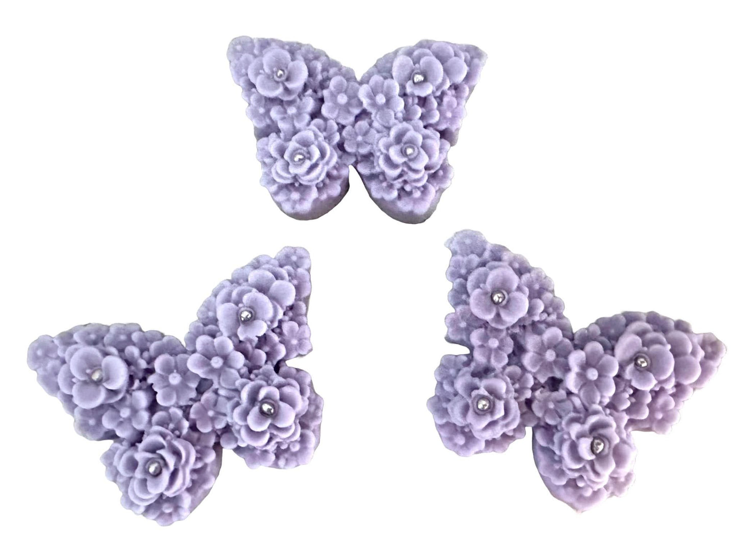 Set de 3 decoraciones comestibles de azúcar, Mariposas Lila Morado Decoraciones en Pasta de Azúcar Nati Shop