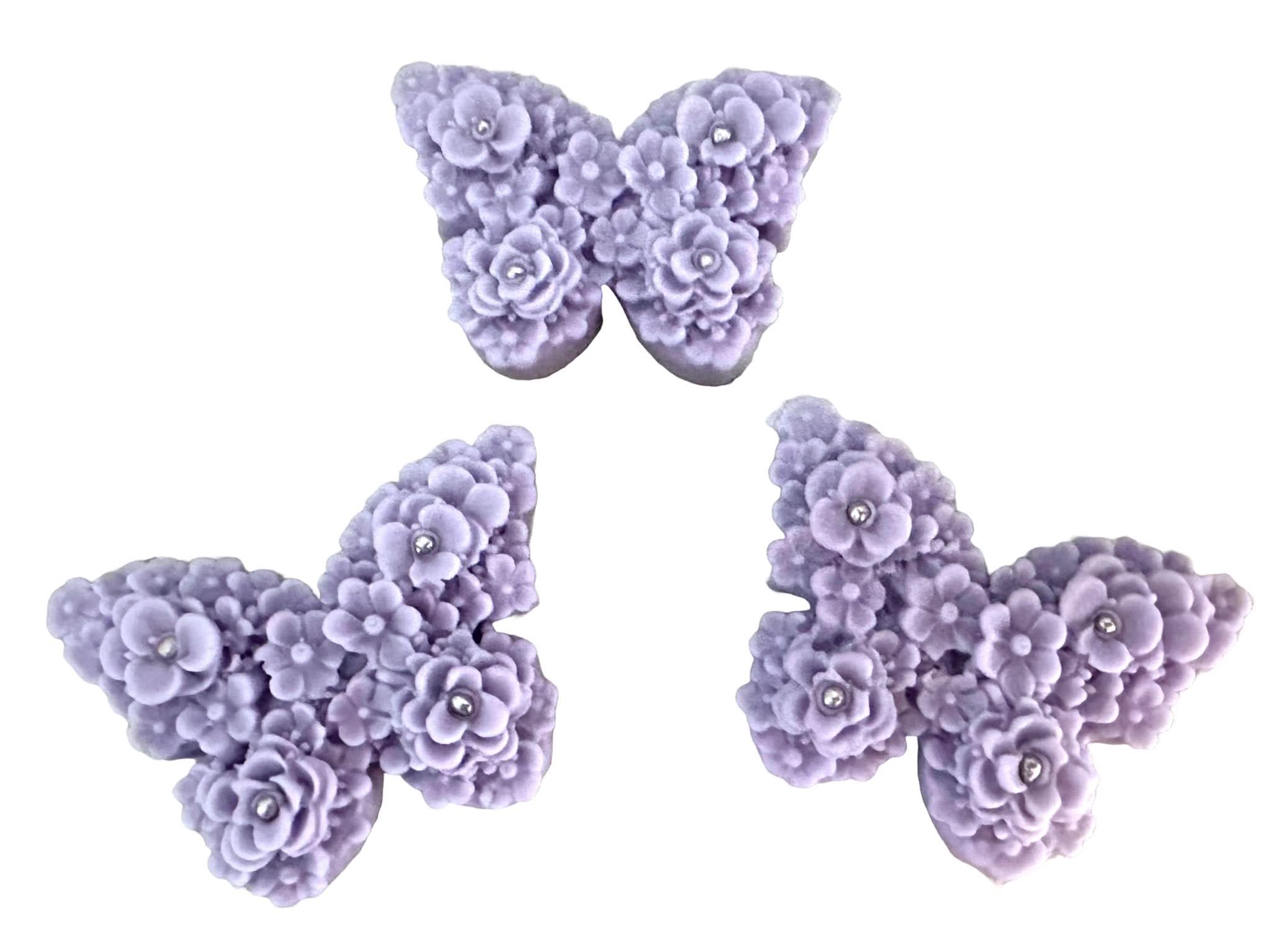 Set de 3 decoraciones comestibles de azúcar, Mariposas Lila Morado Decoraciones en Pasta de Azúcar Nati Shop