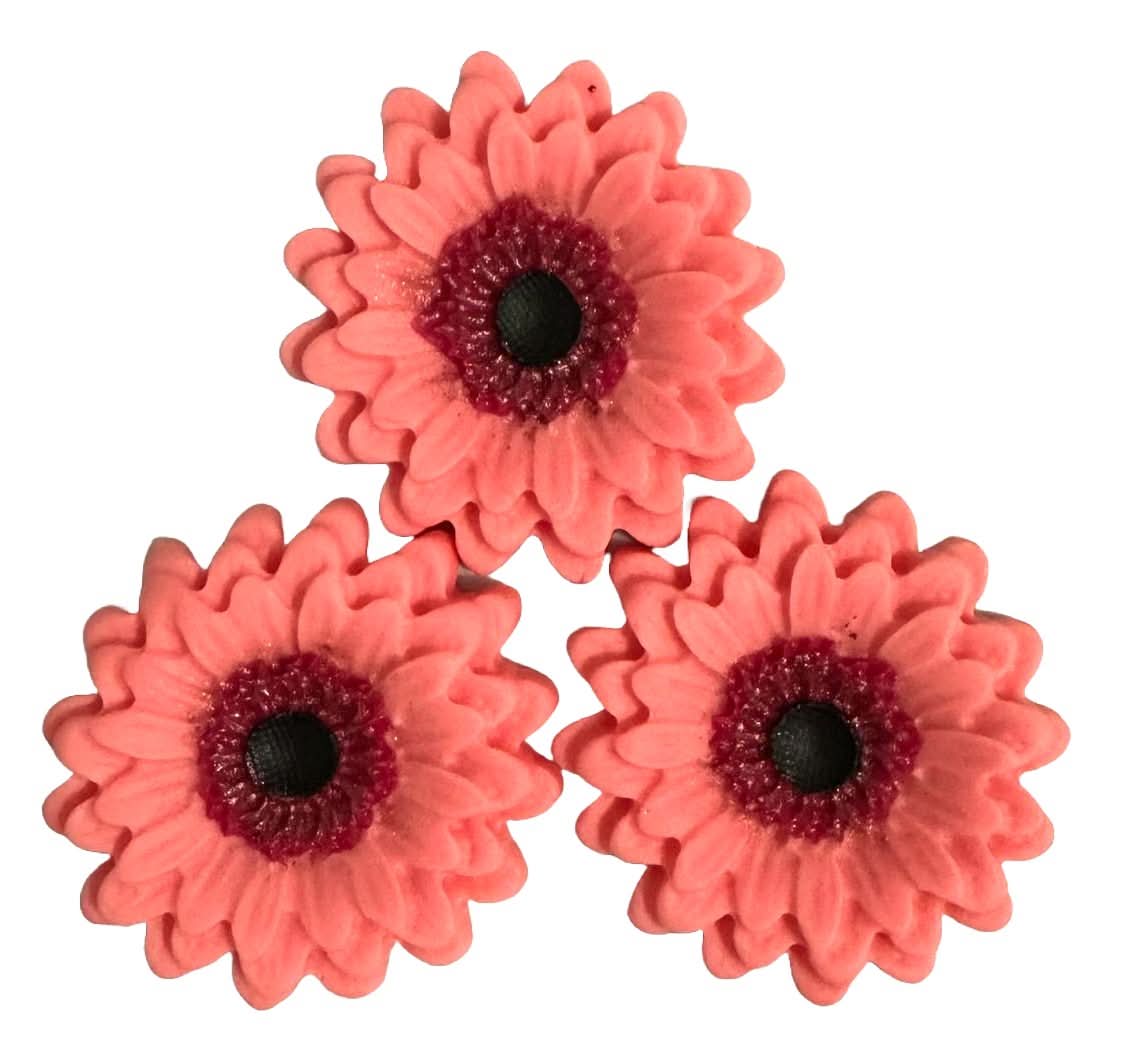 Set de 3 adornos comestibles de azúcar, Gerberas rosas Decoraciones en pasta de azúcar Nati Shop