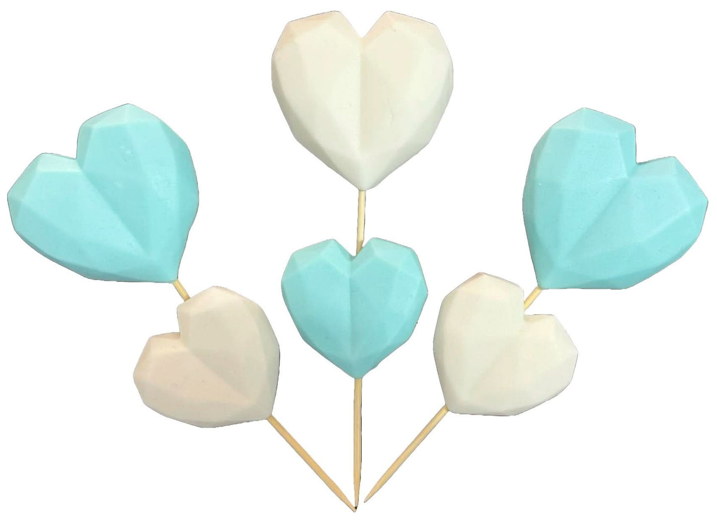 Juego de 6 adornos comestibles de azúcar, Corazones azules y blancos. Adornos de Sugar Paste Nati Shop