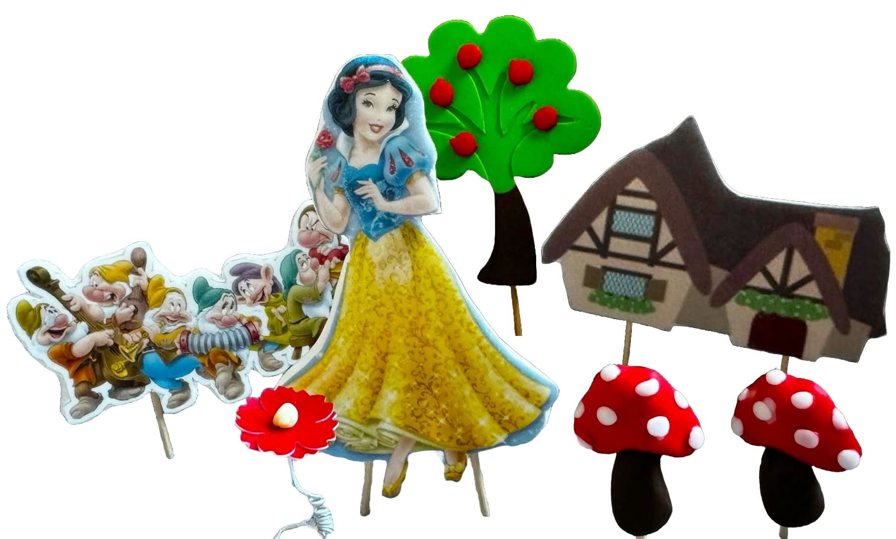 Set de 7 decoraciones de azúcar comestible, Decoraciones de pasta de azúcar Blancanieves Nati Shop