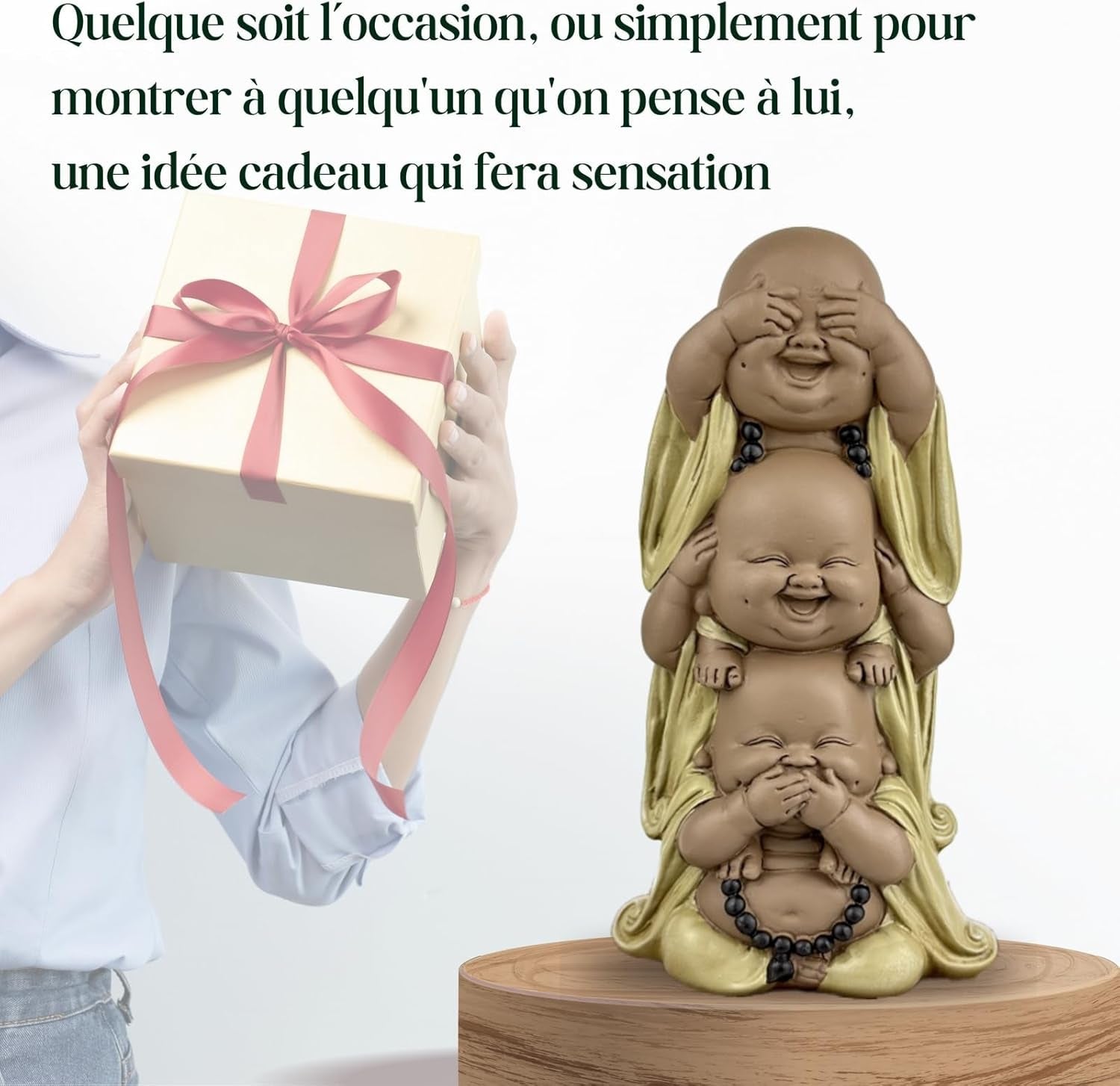 Estatua 3 Budas sonrientes - No ver nada - No oír nada - No decir nada - Bebé Buda Conjunto simbólico - Estado de ánimo tranquilo y alegre - Decoración Zen -Al. 18 cm - Estatuillas y esculturas Zen'Light Naty Shop