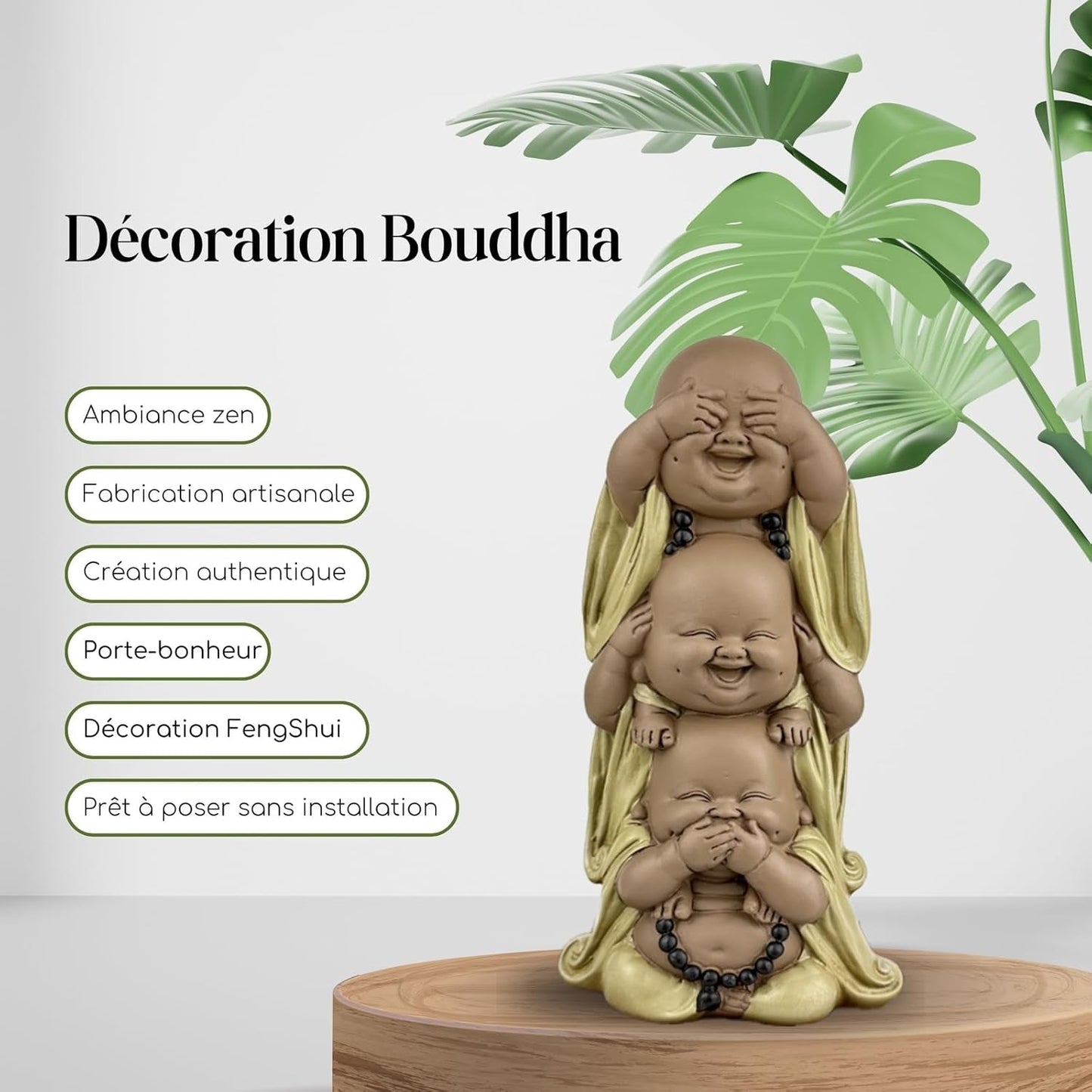 Estatua 3 Budas sonrientes - No ver nada - No oír nada - No decir nada - Bebé Buda Conjunto simbólico - Estado de ánimo tranquilo y alegre - Decoración Zen -Al. 18 cm - Estatuillas y esculturas Zen'Light Naty Shop