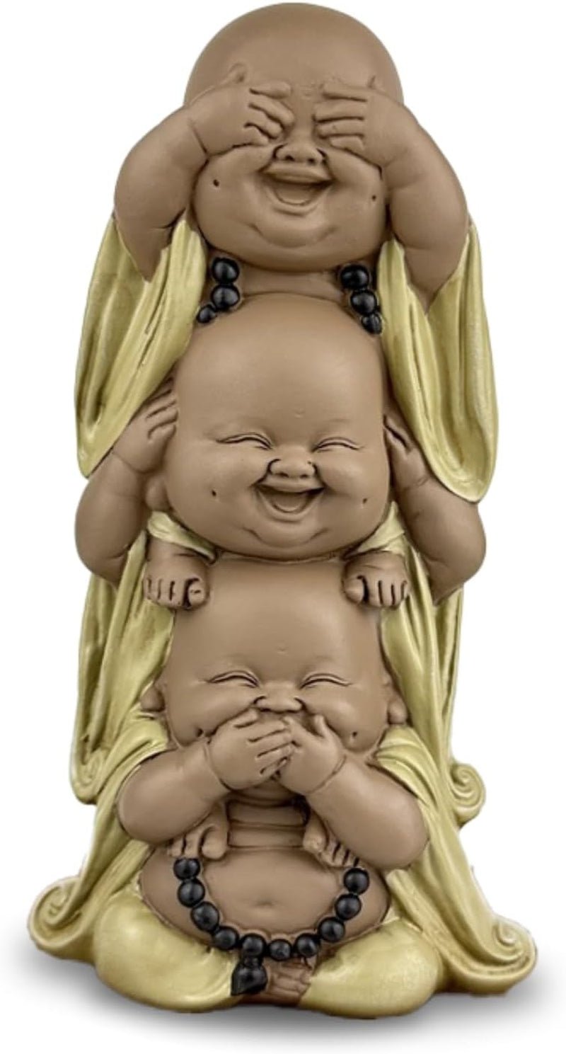 Estatua 3 Budas sonrientes - No ver nada - No oír nada - No decir nada - Bebé Buda Conjunto simbólico - Estado de ánimo tranquilo y alegre - Decoración zen -Al. 18 cm - Estatuillas y esculturas Zen'Light Naty Shop Marrón Beige Al. 18