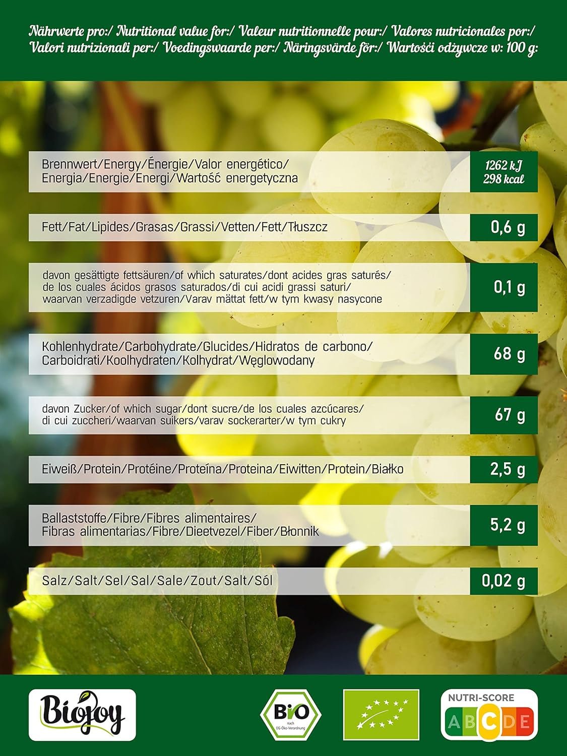 Pasas pasas ecológicas Biojoy (500 g), secas y sin azufre Naty Shop productos deshidratados
