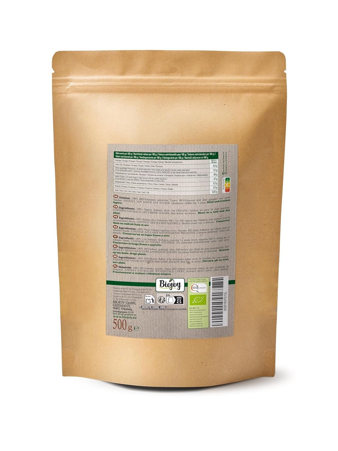 Pasas pasas ecológicas Biojoy (500 g), secas y sin azufre Naty Shop productos deshidratados