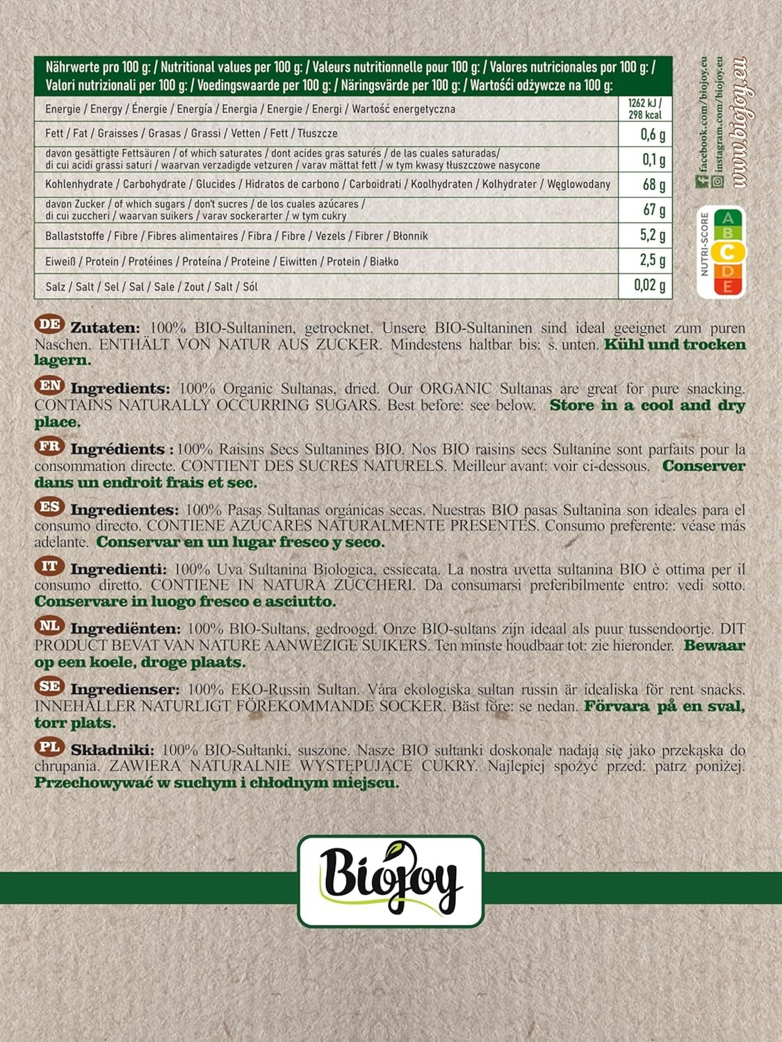 Pasas pasas ecológicas Biojoy (500 g), secas y sin azufre Naty Shop productos deshidratados
