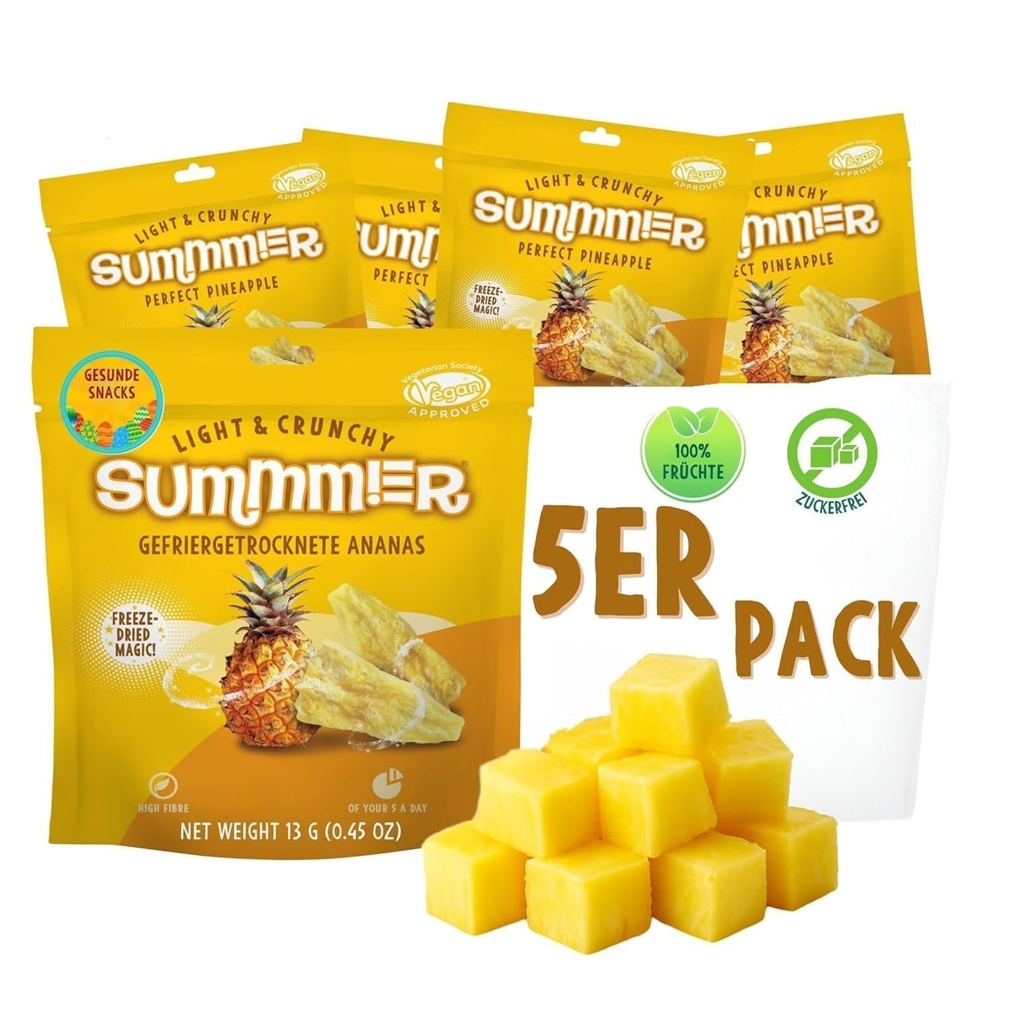 Fresas liofilizadas de verano - pack de 5 - sin azúcar, 100% naturales, deliciosos snacks crujientes para niños y mayores, ideales para cereales y luncheras (55g) Productos deshidratados Naty Shop Pack de 5 Piña