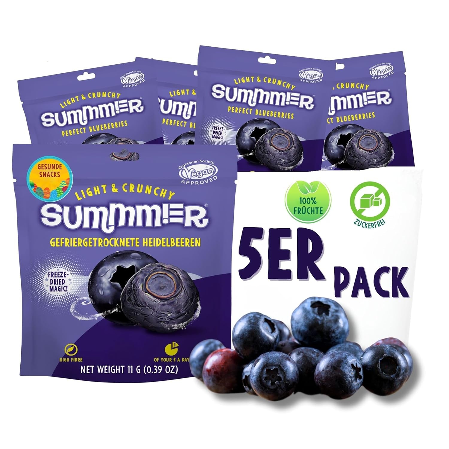 Fresas liofilizadas de verano - pack de 5 - sin azúcar, 100% naturales, deliciosos snacks crujientes para niños y mayores, ideales para cereales y luncheras (55g) Productos deshidratados Naty Shop Pack de 5 Arándanos