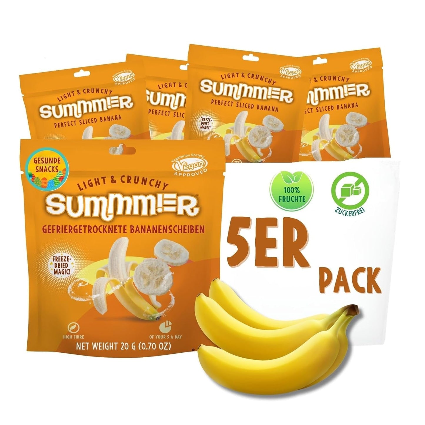 Fresas liofilizadas de verano - pack de 5 - sin azúcar, 100% naturales, deliciosos snacks crujientes para niños y mayores, ideales para cereales y luncheras (55g) Productos deshidratados Naty Shop Pack de 5 Plátano