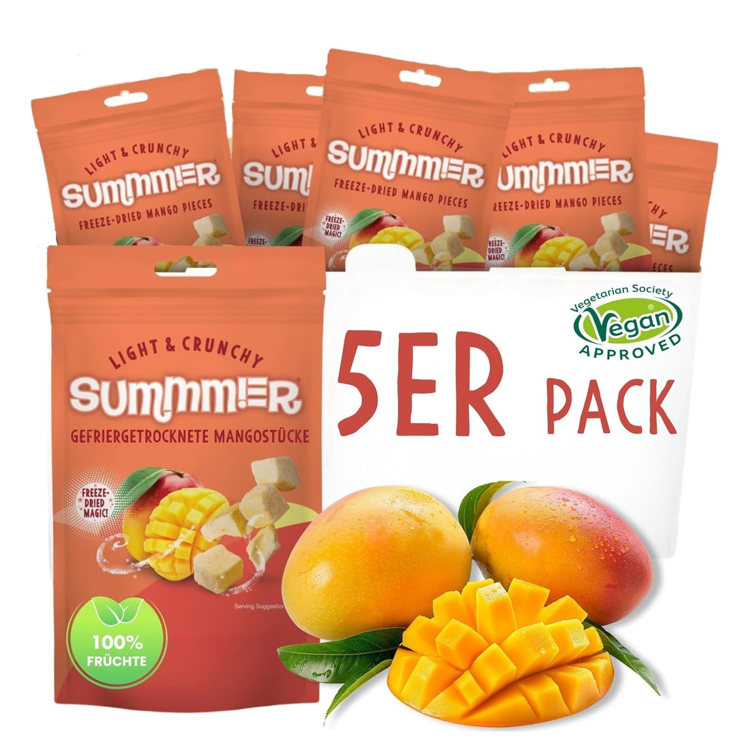 Fresas liofilizadas de verano - pack de 5 - sin azúcar, 100% naturales, deliciosos snacks crujientes para niños y mayores, ideales para cereales y luncheras (55g) Productos deshidratados Naty Shop Pack de 5 Mango