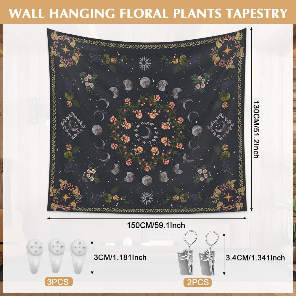 Tapiz 130 130mx150m fases de la luna lienzo flores Hogar - Accesorios y Decoración Naty Shop