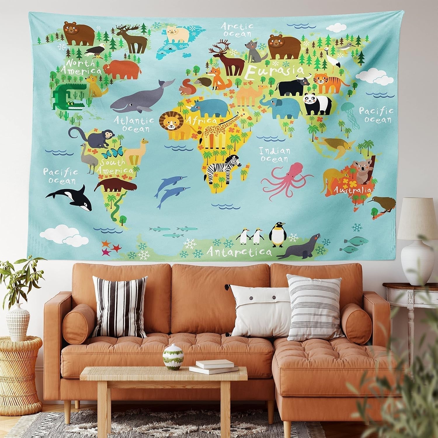 Tapiz abakuhaus Wanderlust animales mapa del mundo dibujos Hogar - Accesorios y Decoración Naty Shop