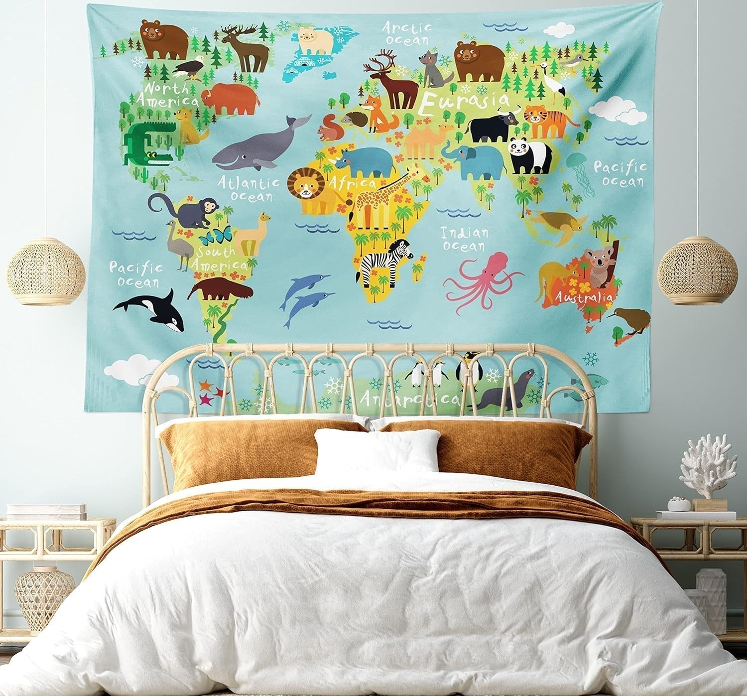 Tapiz abakuhaus Wanderlust animales mapa del mundo dibujos Hogar - Accesorios y Decoración Naty Shop