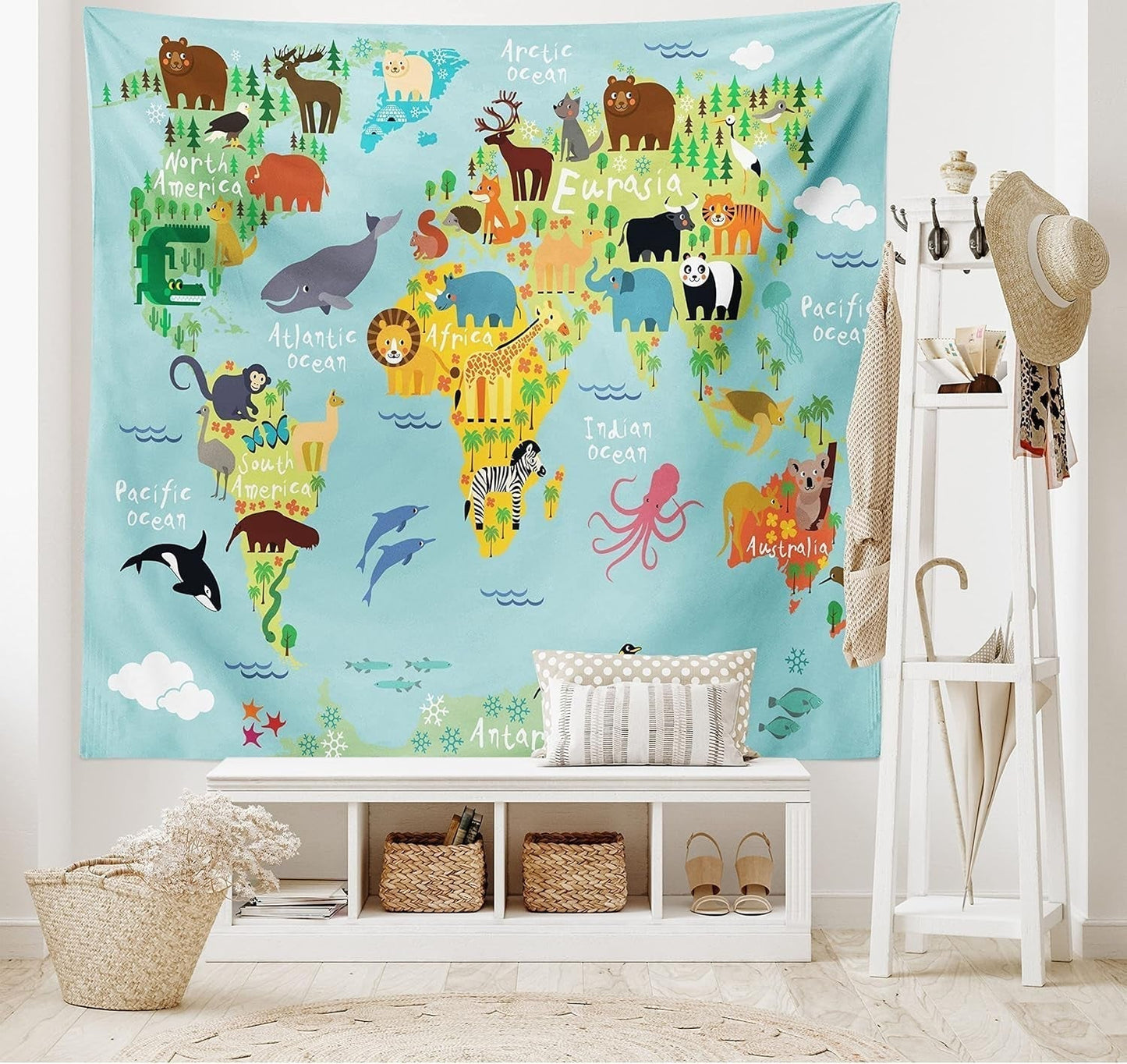 Tapiz abakuhaus Wanderlust mundo animal mapa dibujos Hogar - Accesorios y Decoración Naty Shop Azul Pálido Amarillo-verde 150L X 110B Cm