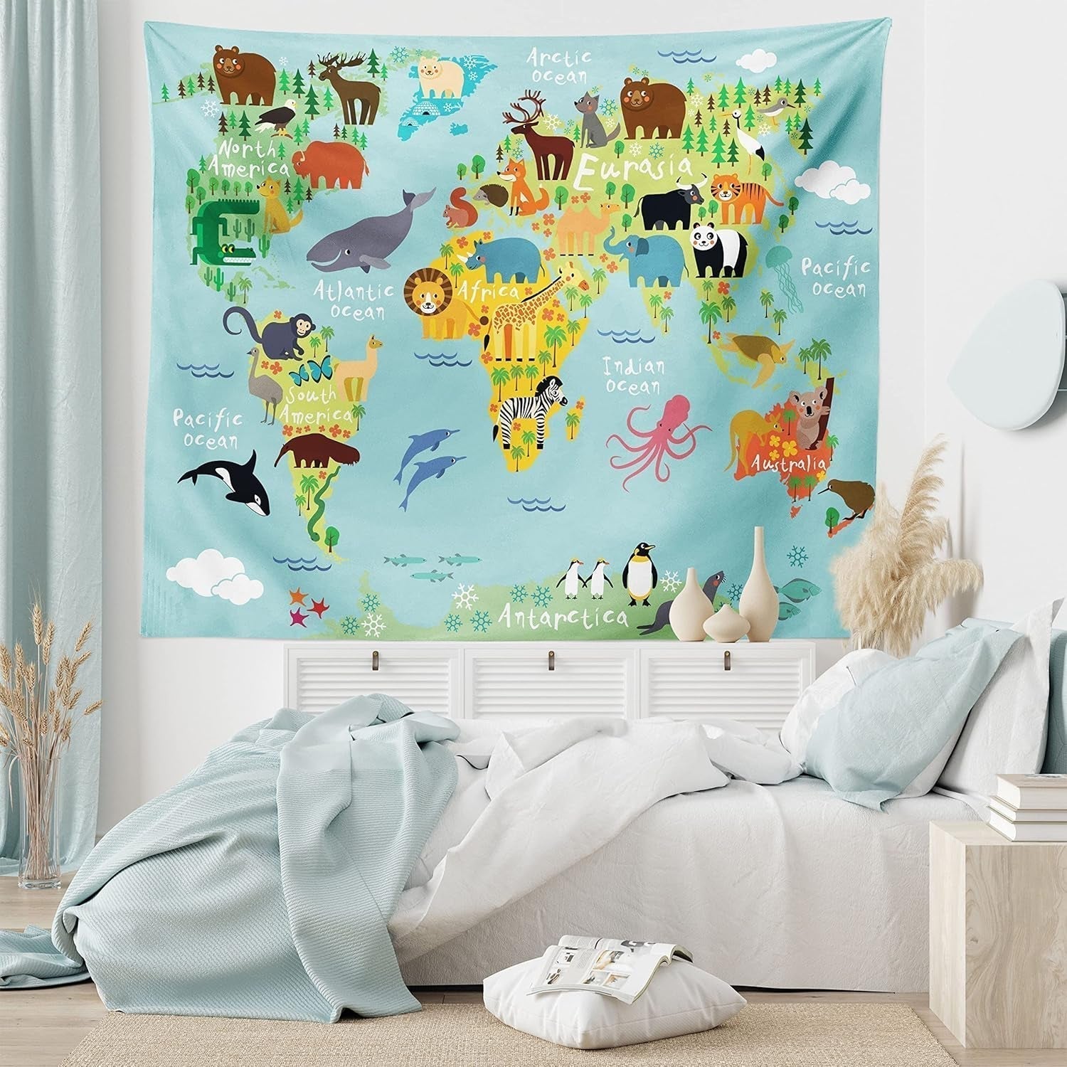 Tapiz abakuhaus Wanderlust animales mapa del mundo dibujos Hogar - Accesorios y Decoración Naty Shop