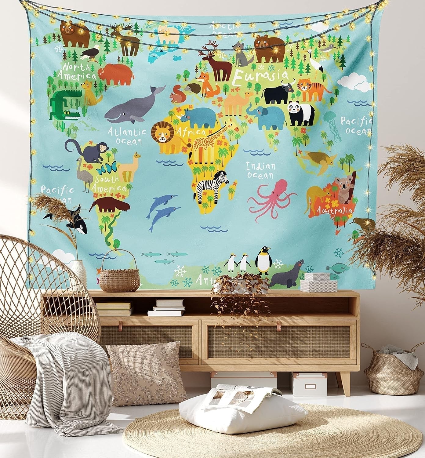Tapiz abakuhaus Wanderlust animales mapa del mundo dibujos Hogar - Accesorios y Decoración Naty Shop