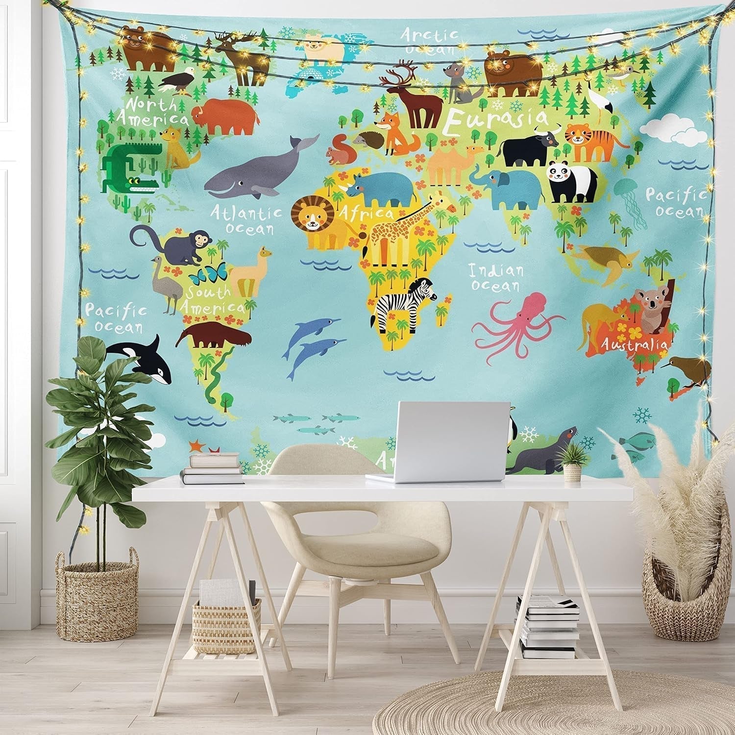 Tapiz abakuhaus Wanderlust animales mapa del mundo dibujos Hogar - Accesorios y Decoración Naty Shop