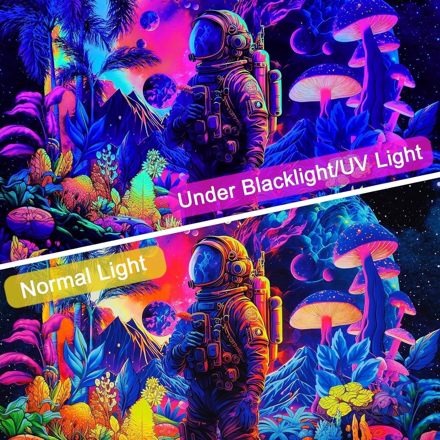 Tapiz alishomtll luz negra astronauta seta fluorescente botánico Hogar - Accesorios y Decoración Naty Shop