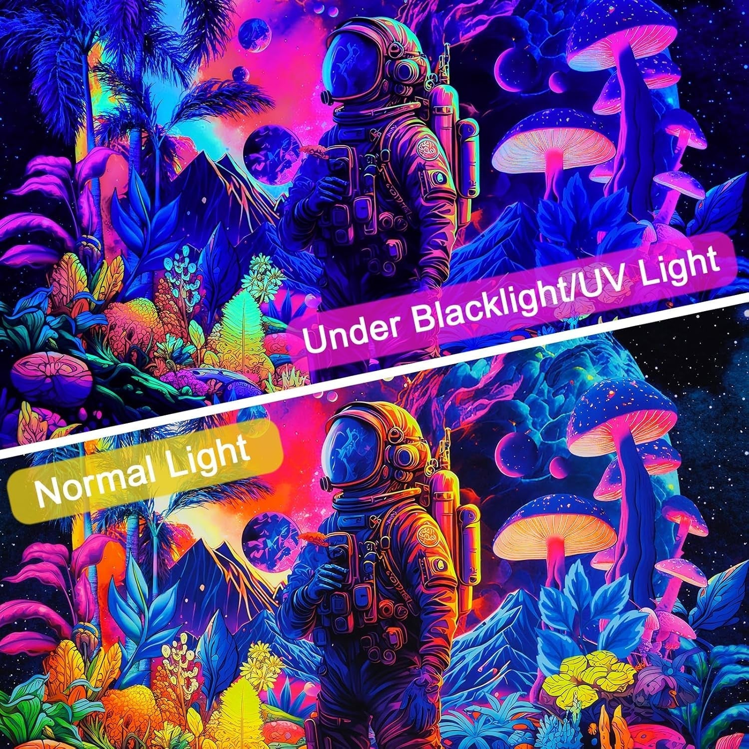 Tapiz alishomtll luz negra astronauta seta fluorescente botánico Hogar - Accesorios y Decoración Naty Shop