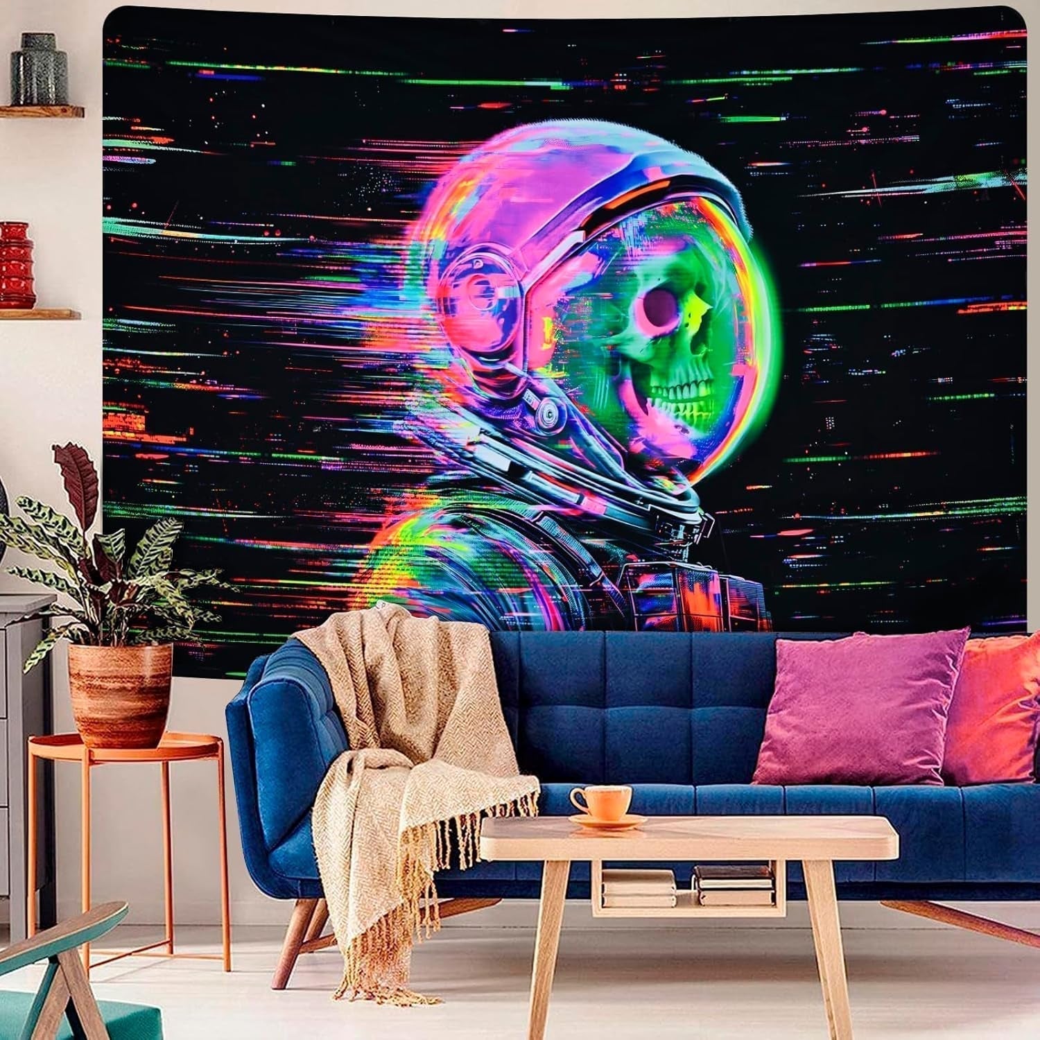 Tapiz alishomtll calavera fluorescente astronauta luz negra Hogar - Accesorios y Decoración Naty Shop