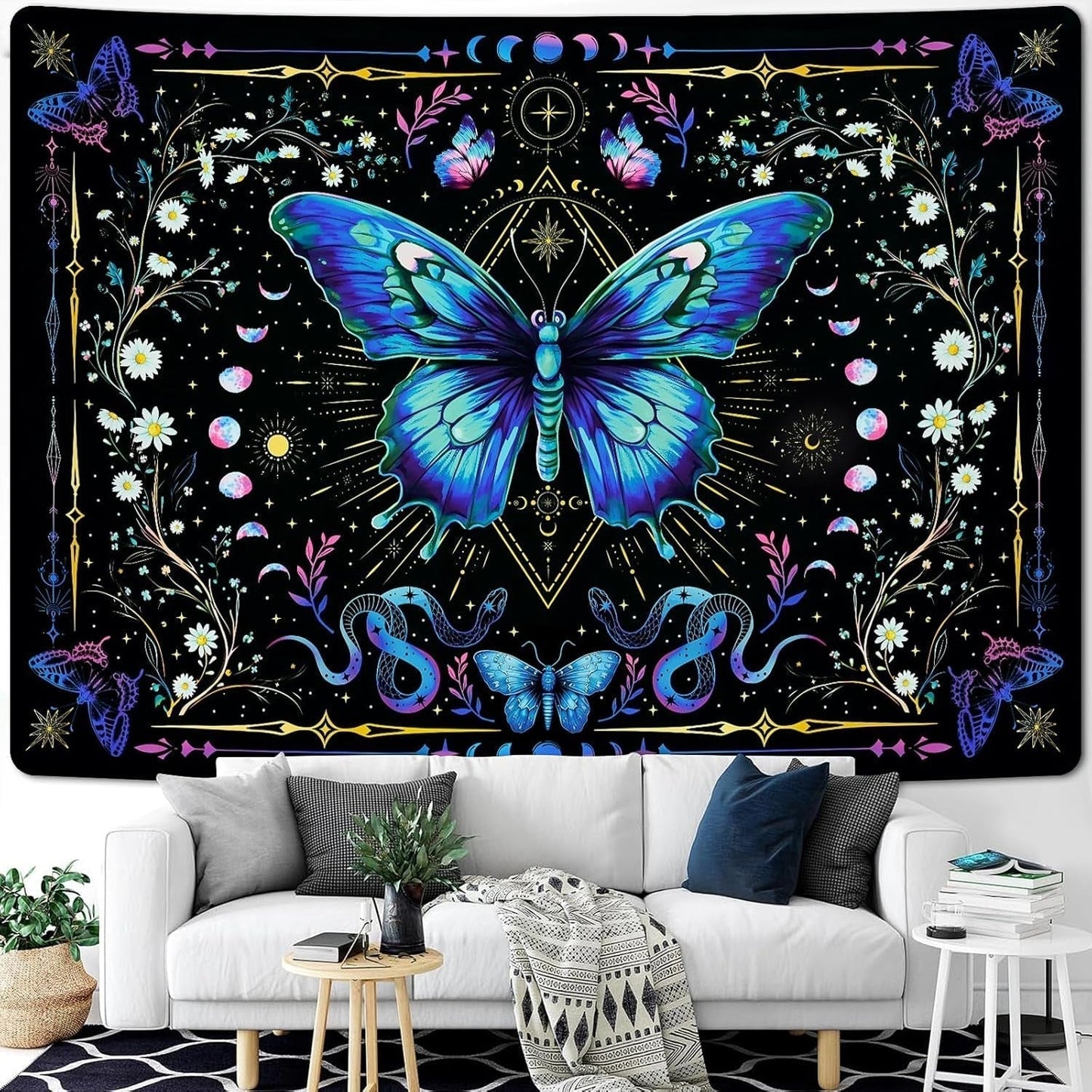 Tapiz alishomtll mariposa fase lunar floral margarita negro Hogar - Accesorios y Decoración Naty Shop