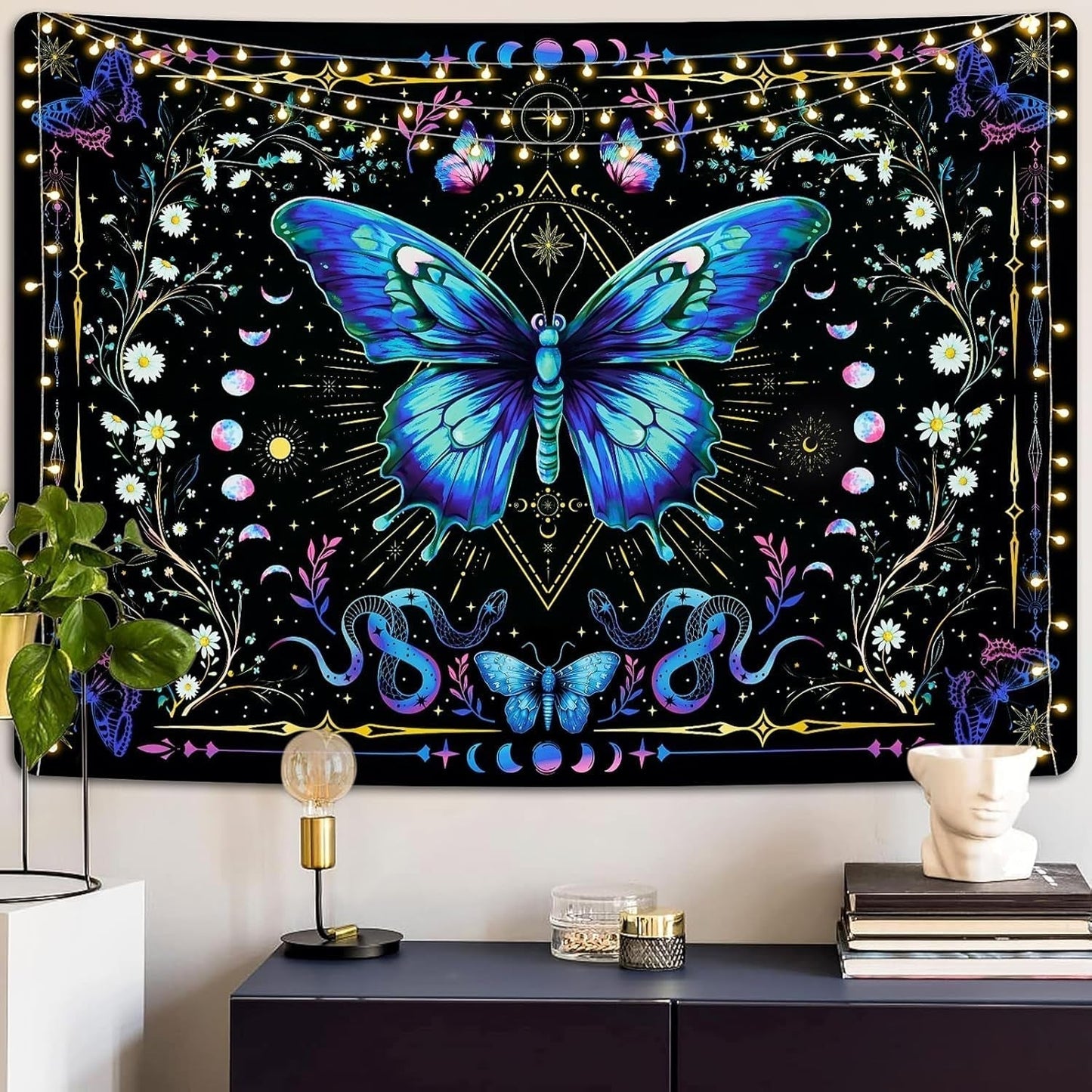 Tapiz alishomtll mariposa fase lunar floral margarita negro Hogar - Accesorios y Decoración Naty Shop