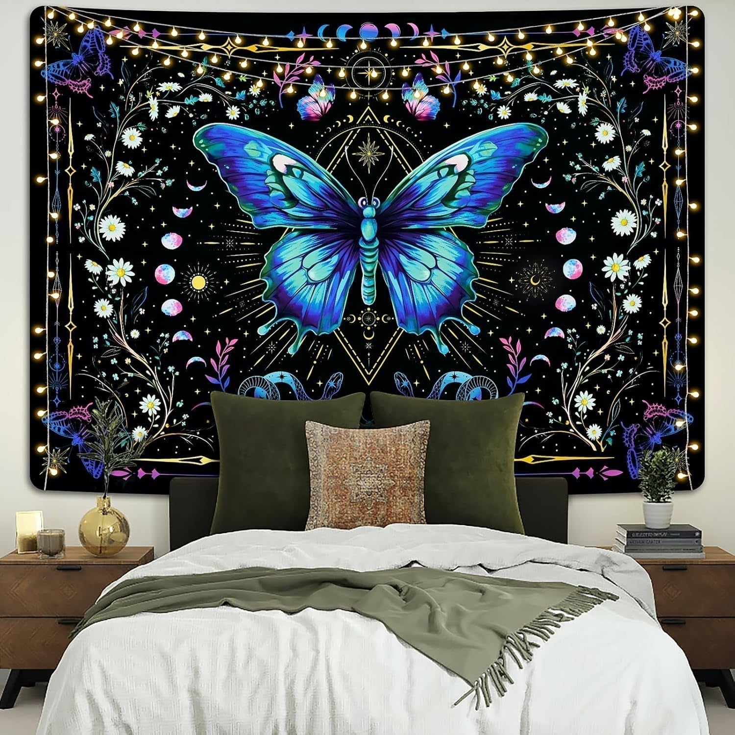 Tapiz alishomtll mariposa fase lunar floral margarita negro Hogar - Accesorios y Decoración Naty Shop