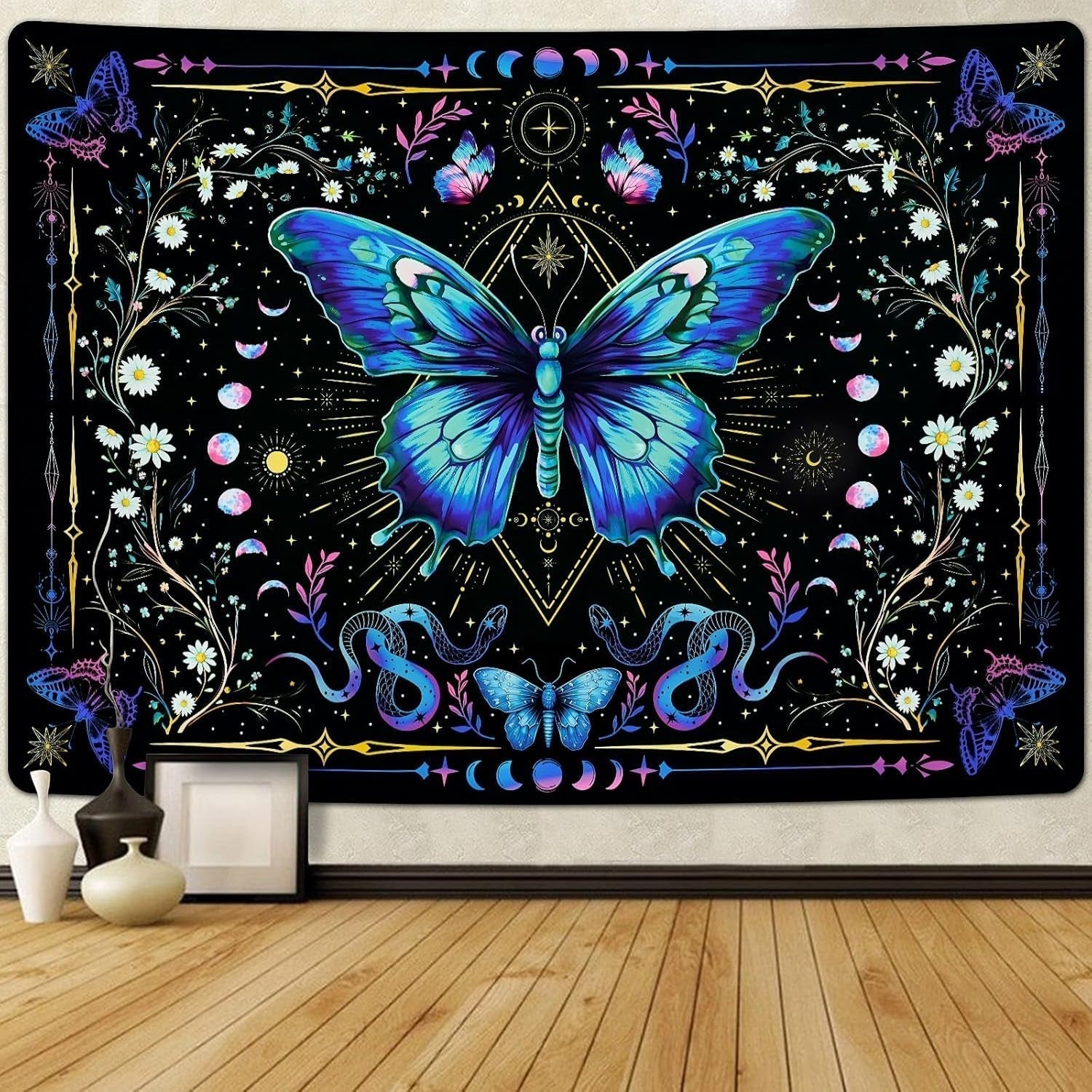 Tapiz alishomtll mariposa fase lunar floral margarita negro Hogar - Accesorios y Decoración Naty Shop Multi 210L X 150B Cm