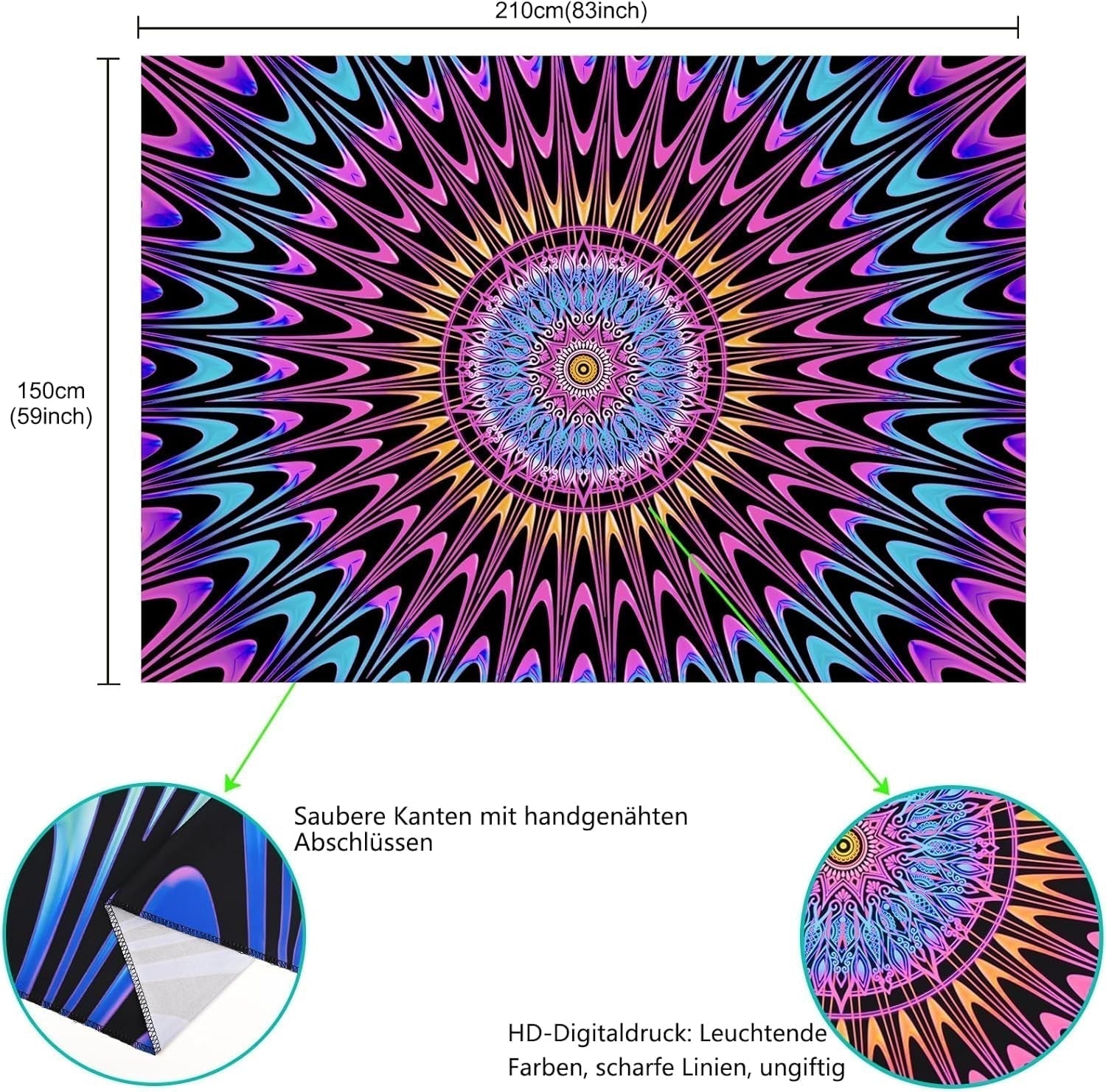 Tapiz alishomtll mandala de colores luz negra art Hogar - Accesorios y Decoración Naty Shop