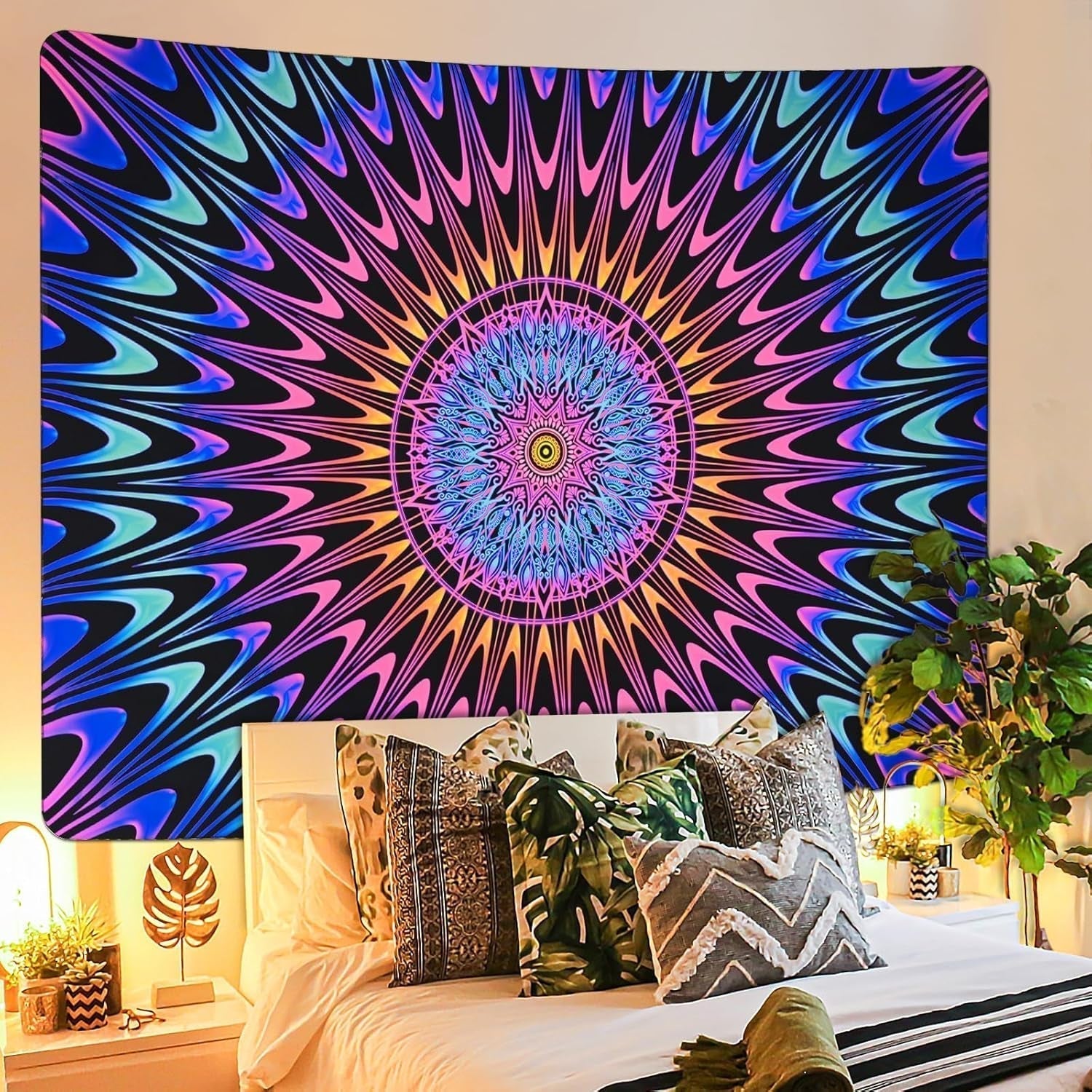 Tapiz alishomtll mandala de colores luz negra art Hogar - Accesorios y Decoración Naty Shop