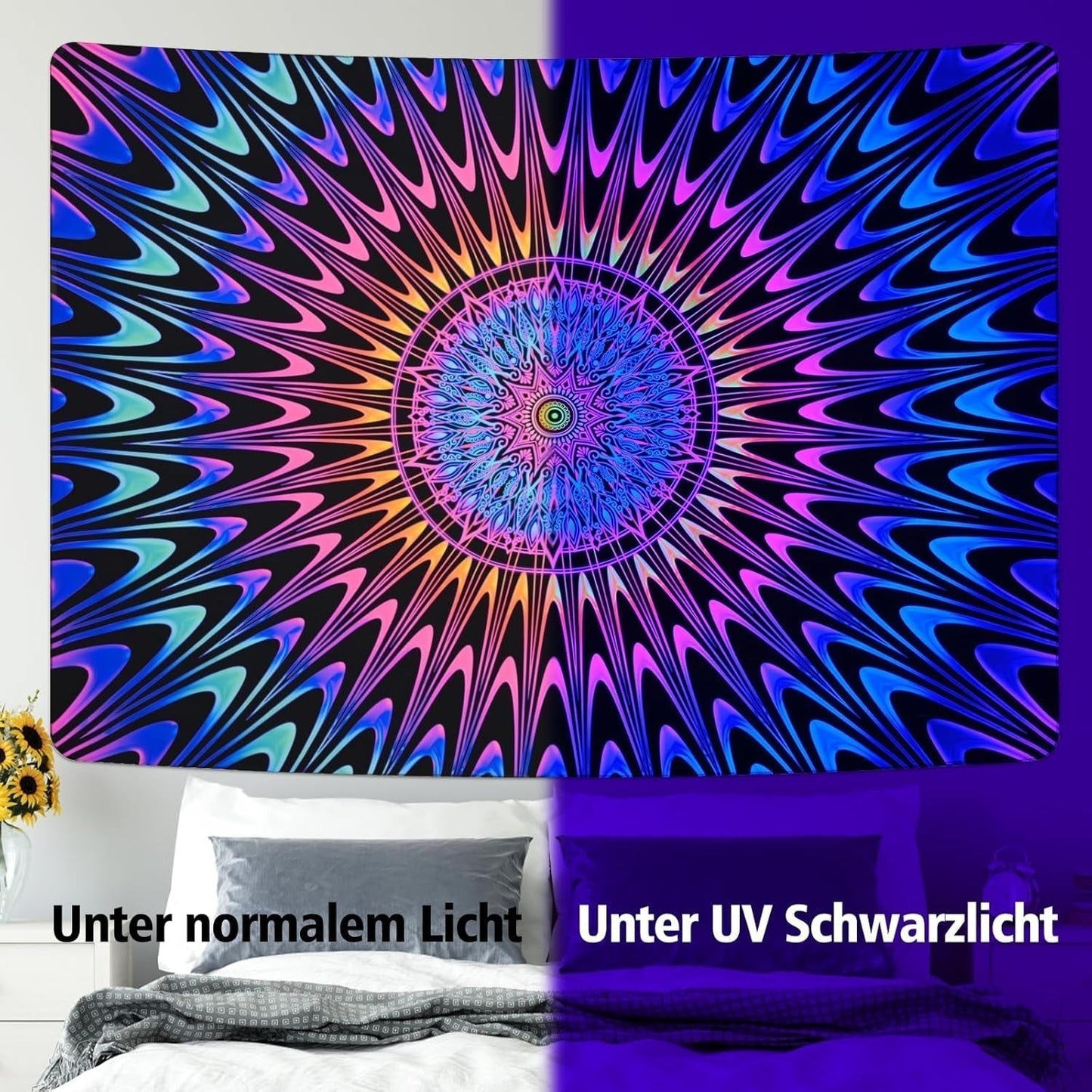 Tapiz alishomtll mandala de colores luz negra art Hogar - Accesorios y Decoración Naty Shop