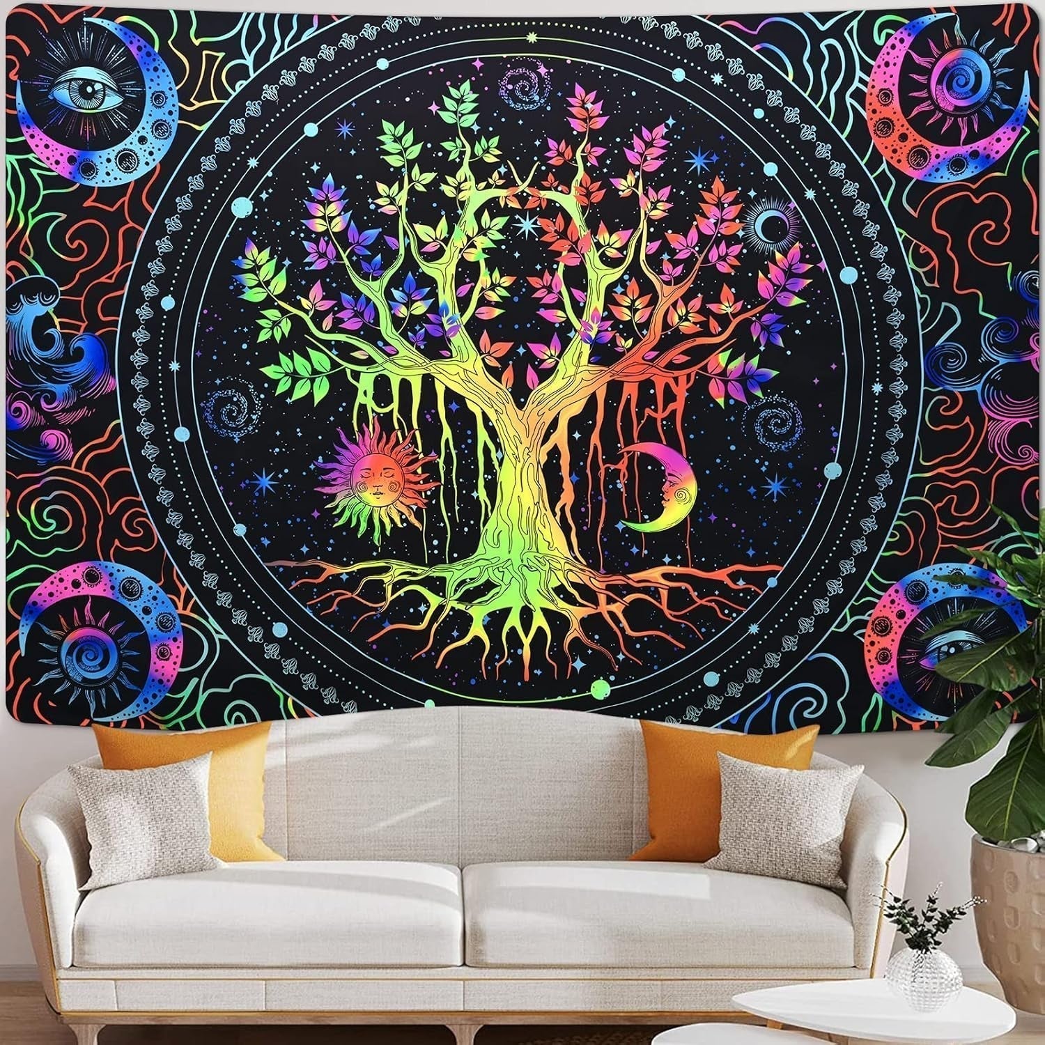 Tapiz alishomtll árbol vida fluorescente sol y luna Hogar - Accesorios y Decoración Naty Shop