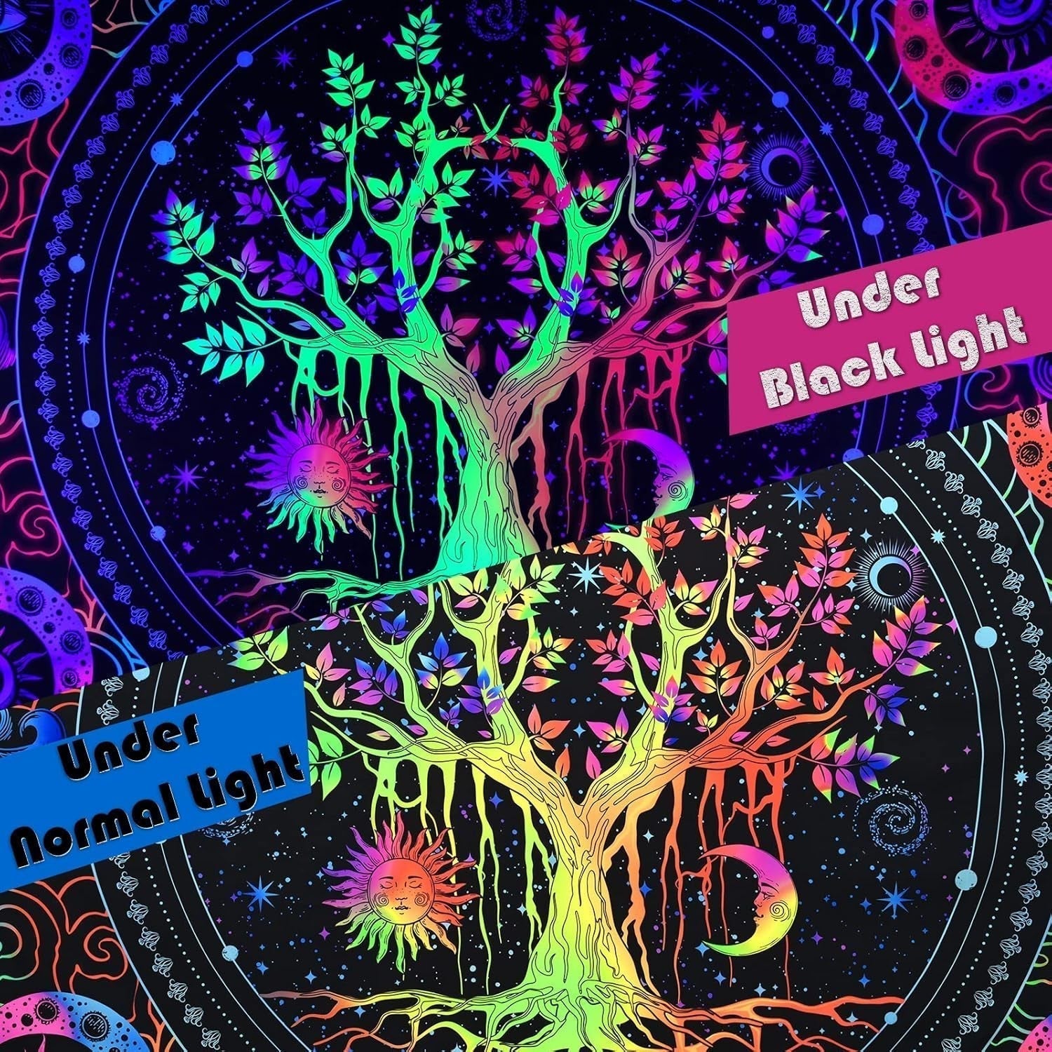 Tapiz alishomtll árbol vida fluorescente sol y luna Hogar - Accesorios y Decoración Naty Shop