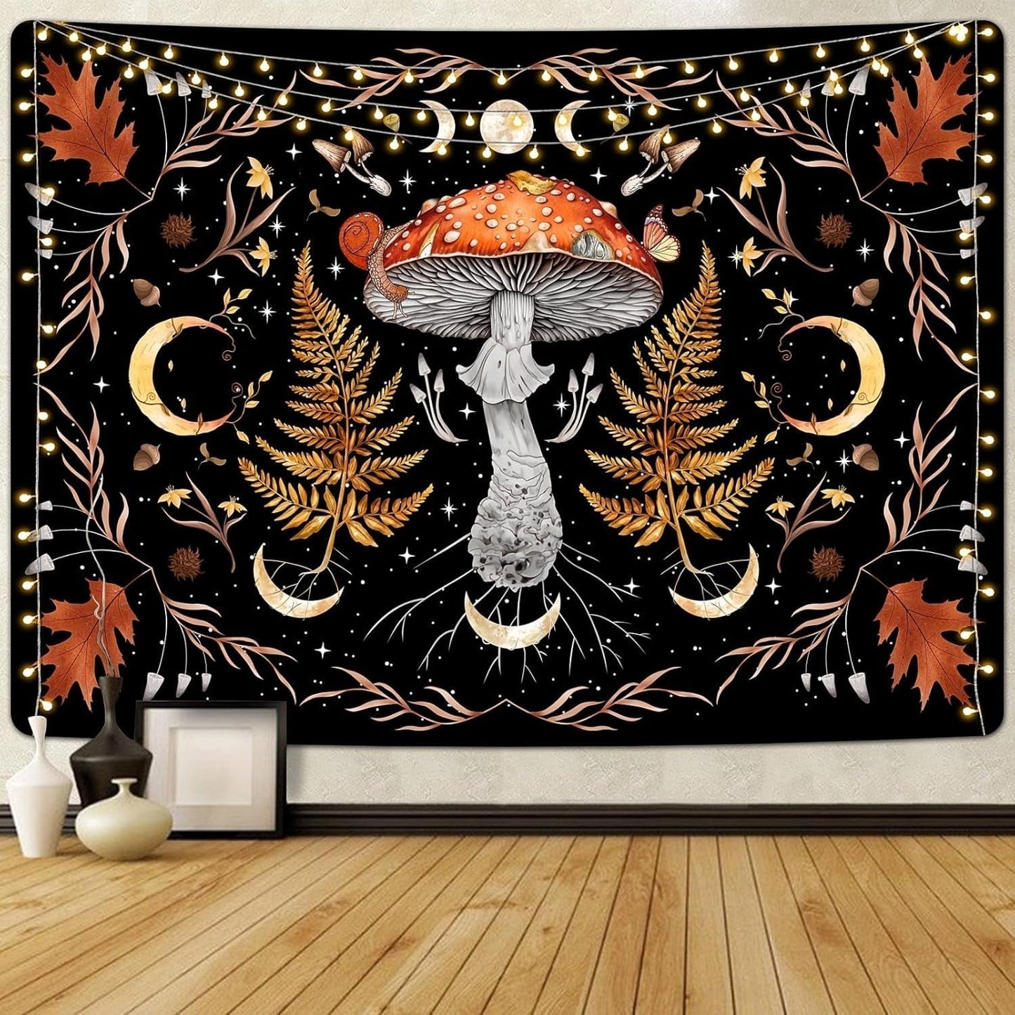 Tapiz alishomtll vintage hongo luna hoja de arce botánico Hogar - Accesorios y Decoraciones Naty Shop Multi 150L X 130B Cm