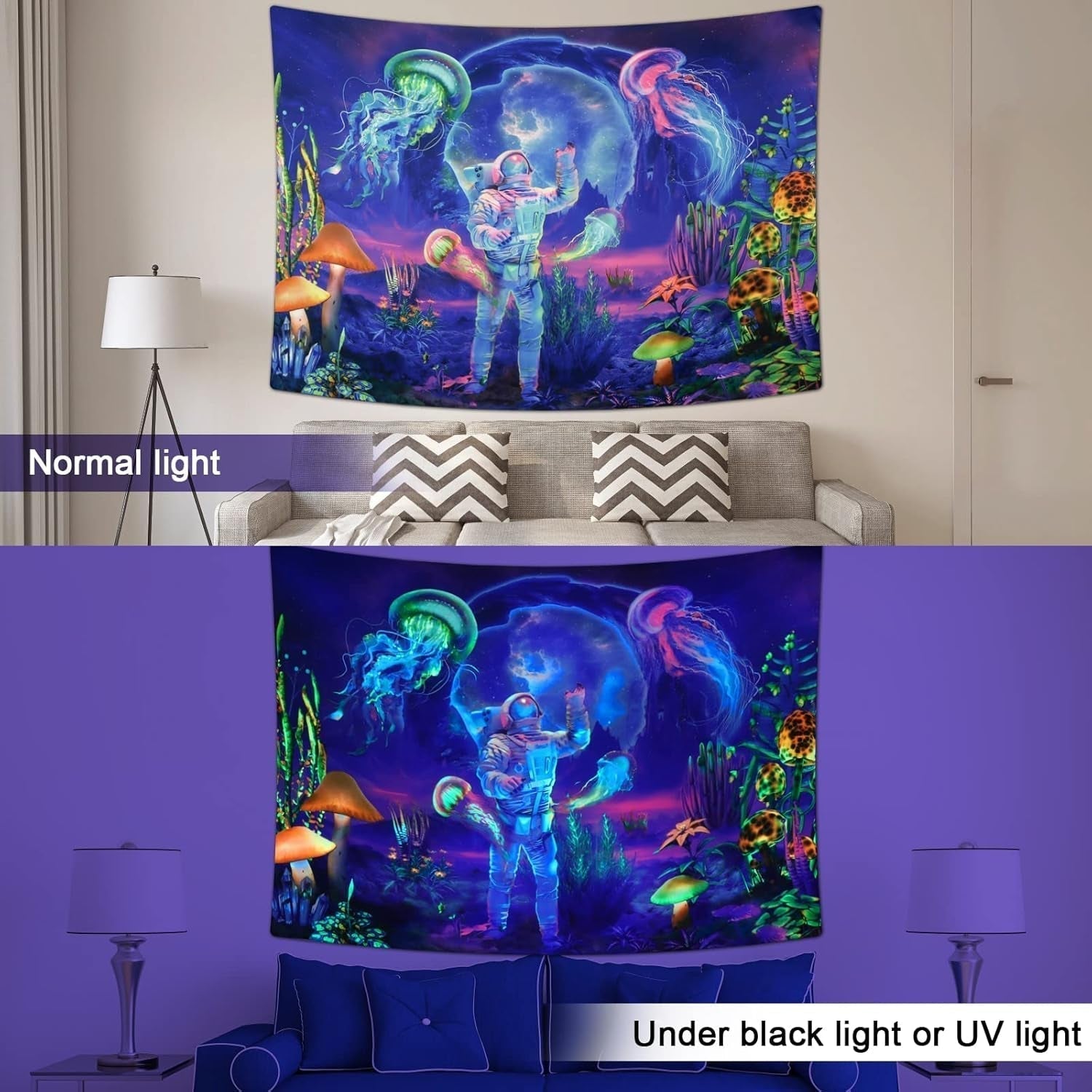 Tapiz betylfoy luz negra astronauta plantas reactivas medusas Hogar - Accesorios y Decoración Naty Shop