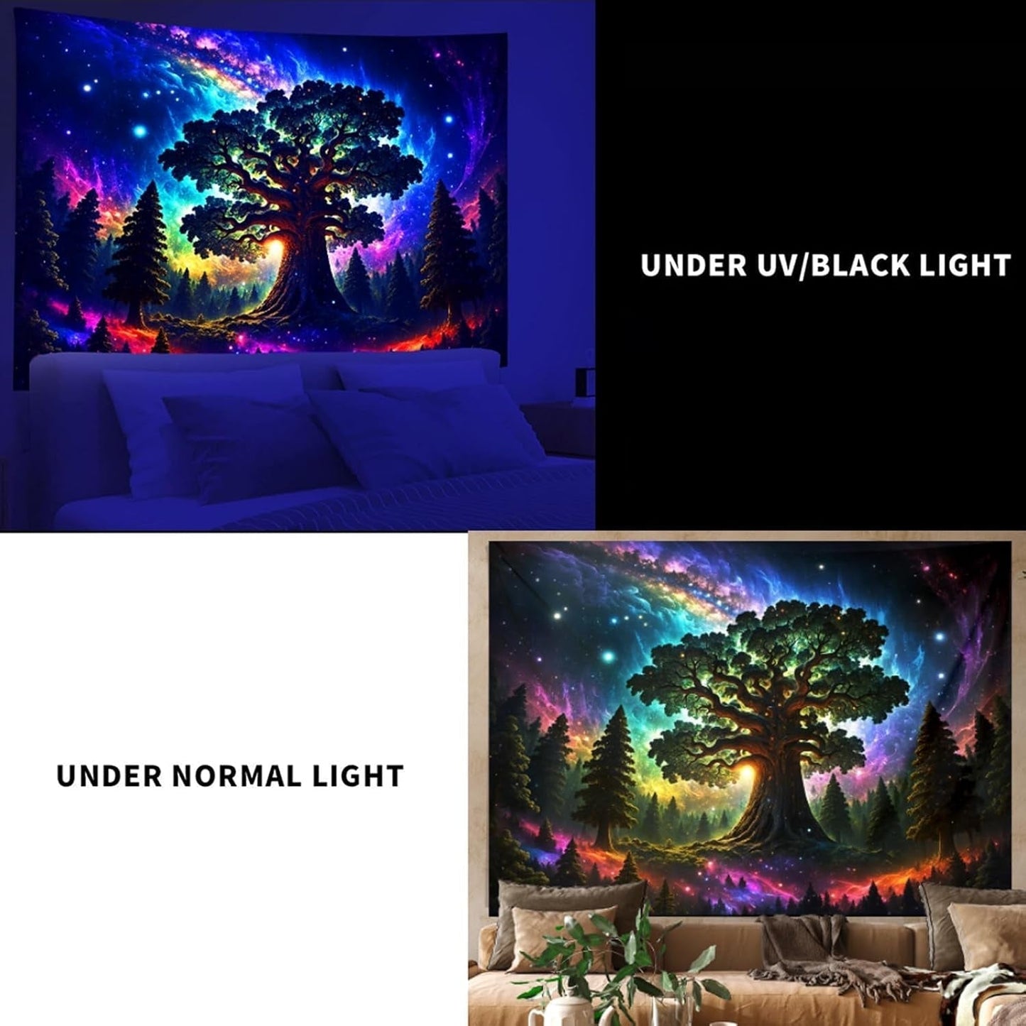 Tapiz luz negra bosque naturaleza psicodélica árbol estrellas galaxia Hogar - Accesorios y Decoración Naty Shop