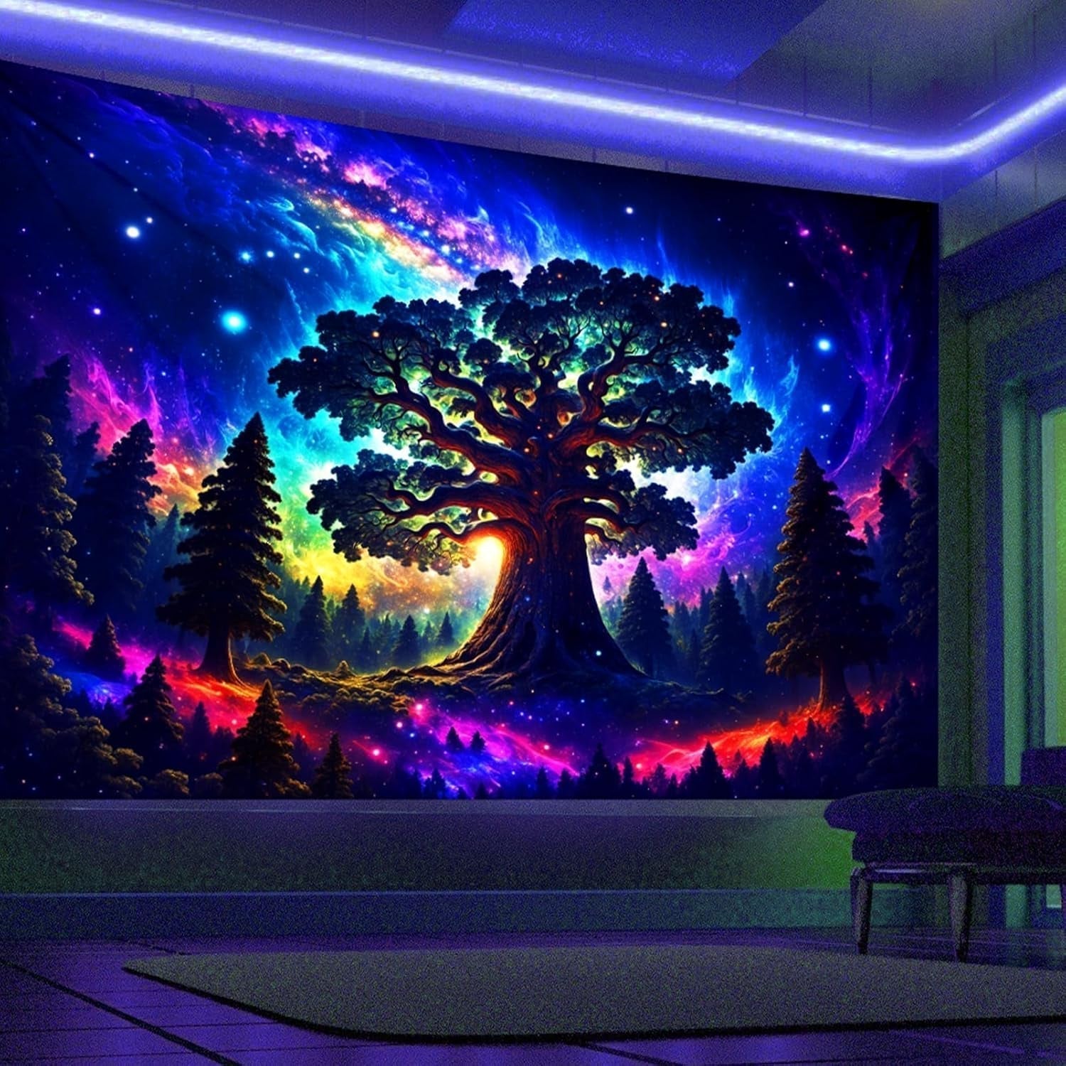 Tapiz luz negra bosque naturaleza psicodélica árbol estrellas galaxia Hogar - Accesorios y Decoración Naty Shop 200L X 150B Cm