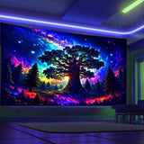 Tapiz luz negra bosque naturaleza psicodélica árbol estrellas galaxia Hogar - Accesorios y Decoración Naty Shop