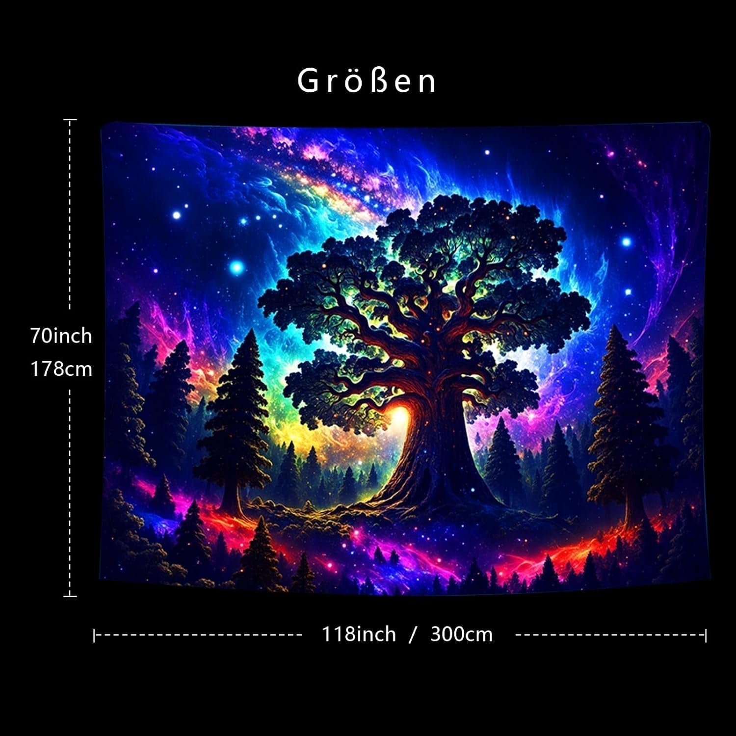 Tapiz luz negra bosque naturaleza psicodélica árbol estrellas galaxia Hogar - Accesorios y Decoración Naty Shop