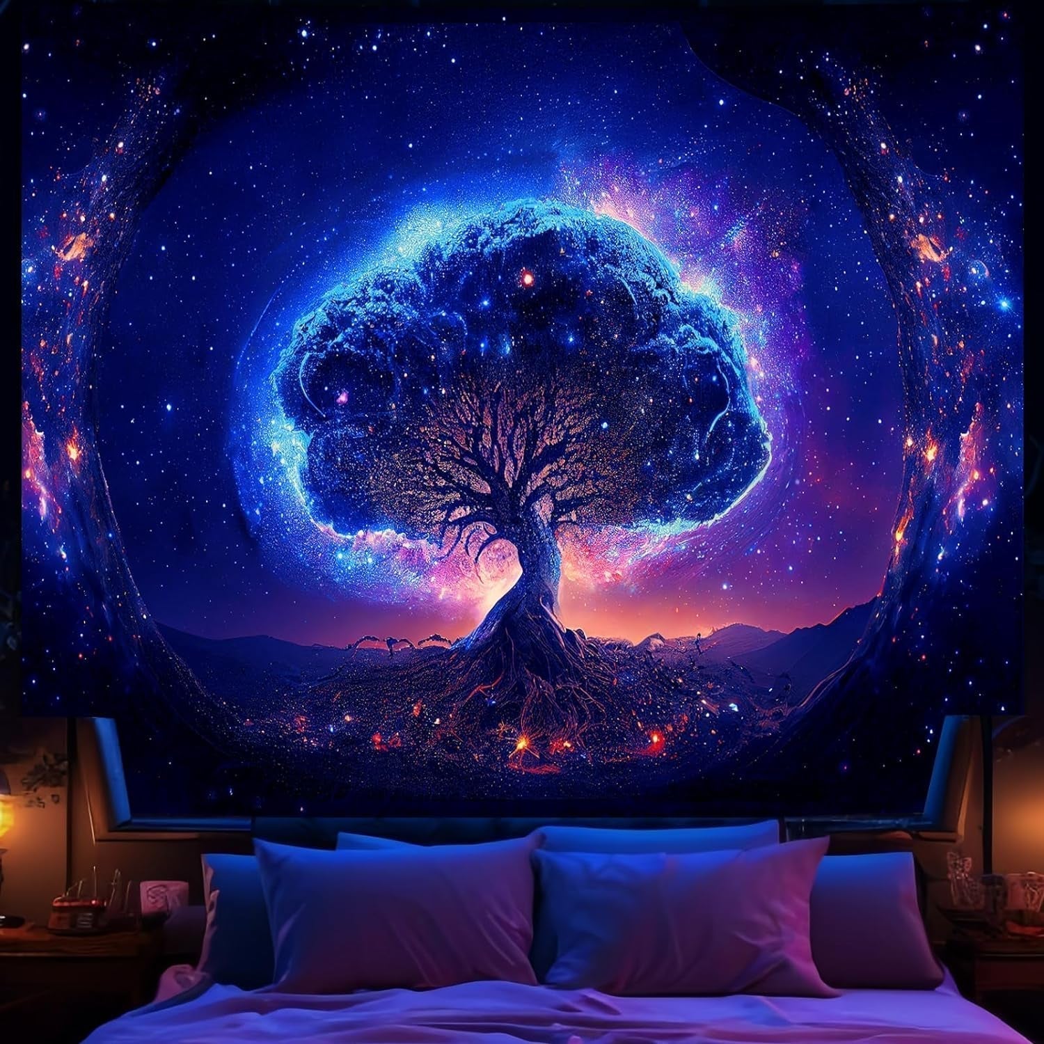 Tapiz Árbol Espacio Luz Negra Estética Hogar - Accesorios y Decoración Naty Shop Espacio Luz Negra 152,4L X 129,5B Cm
