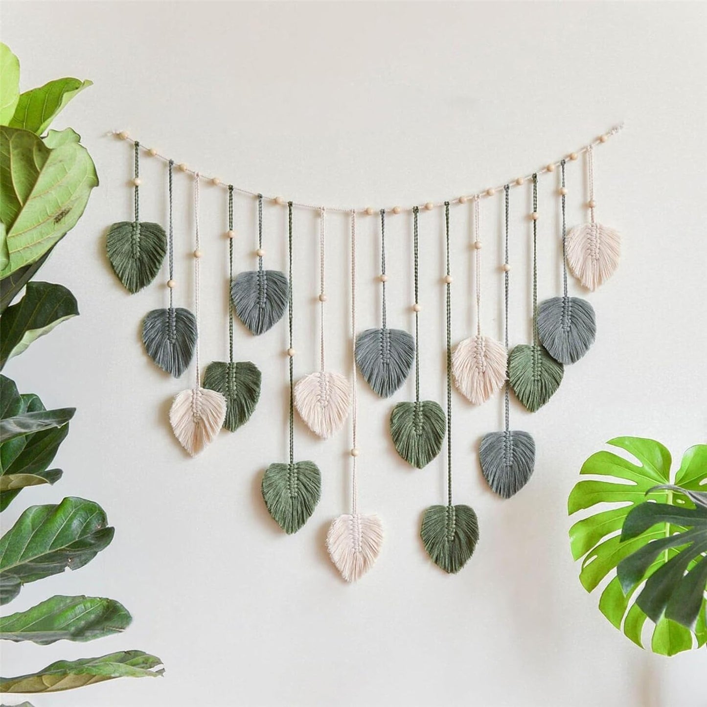 Tapiz decoración grande tejido cuentas madera hojas Hogar - Accesorios y Decoración Naty Shop