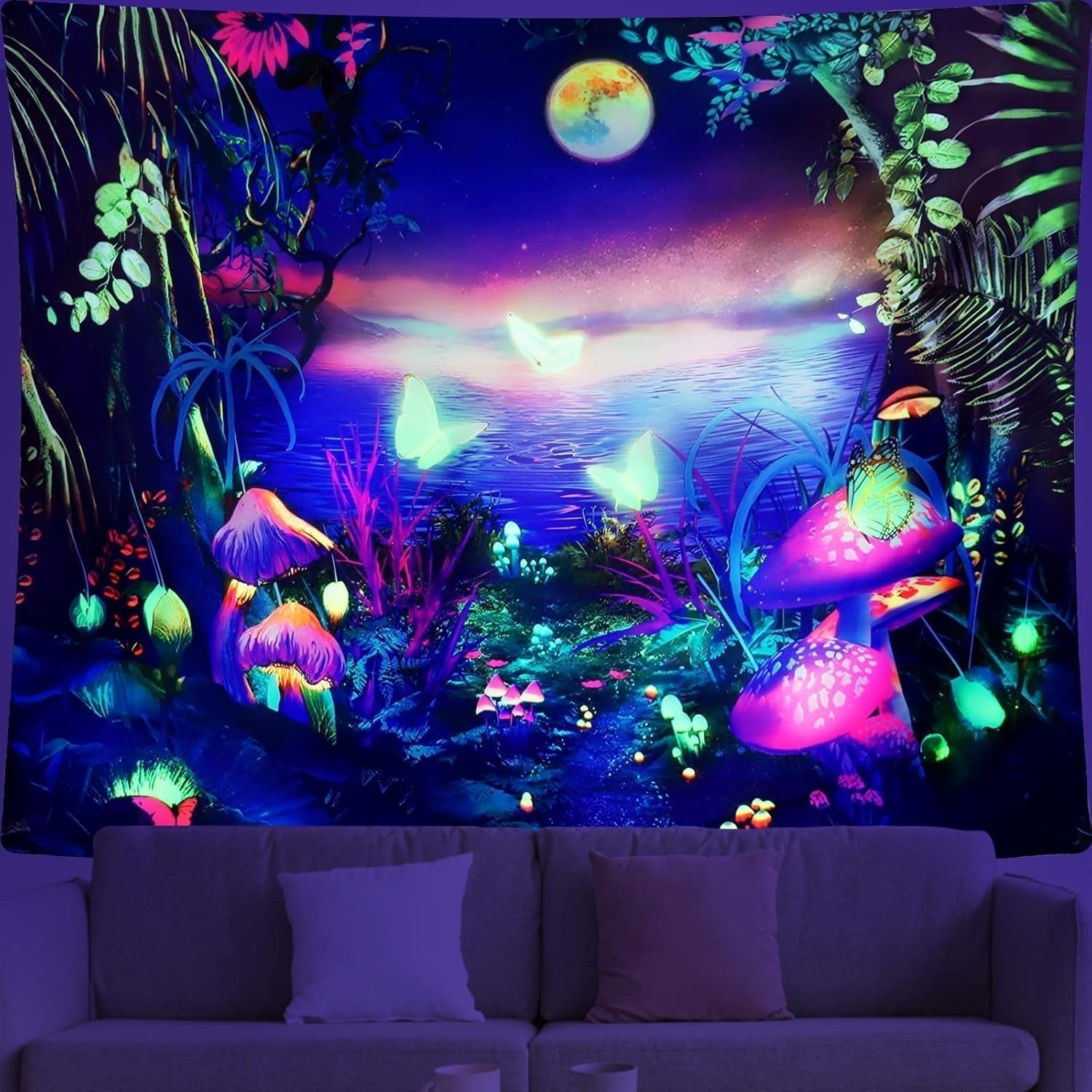 Tapiz dremisland seta luz negra psicodélico galaxia reactiva pared Hogar - Accesorios y Decoración Naty Shop Luna 150L X 130B Cm