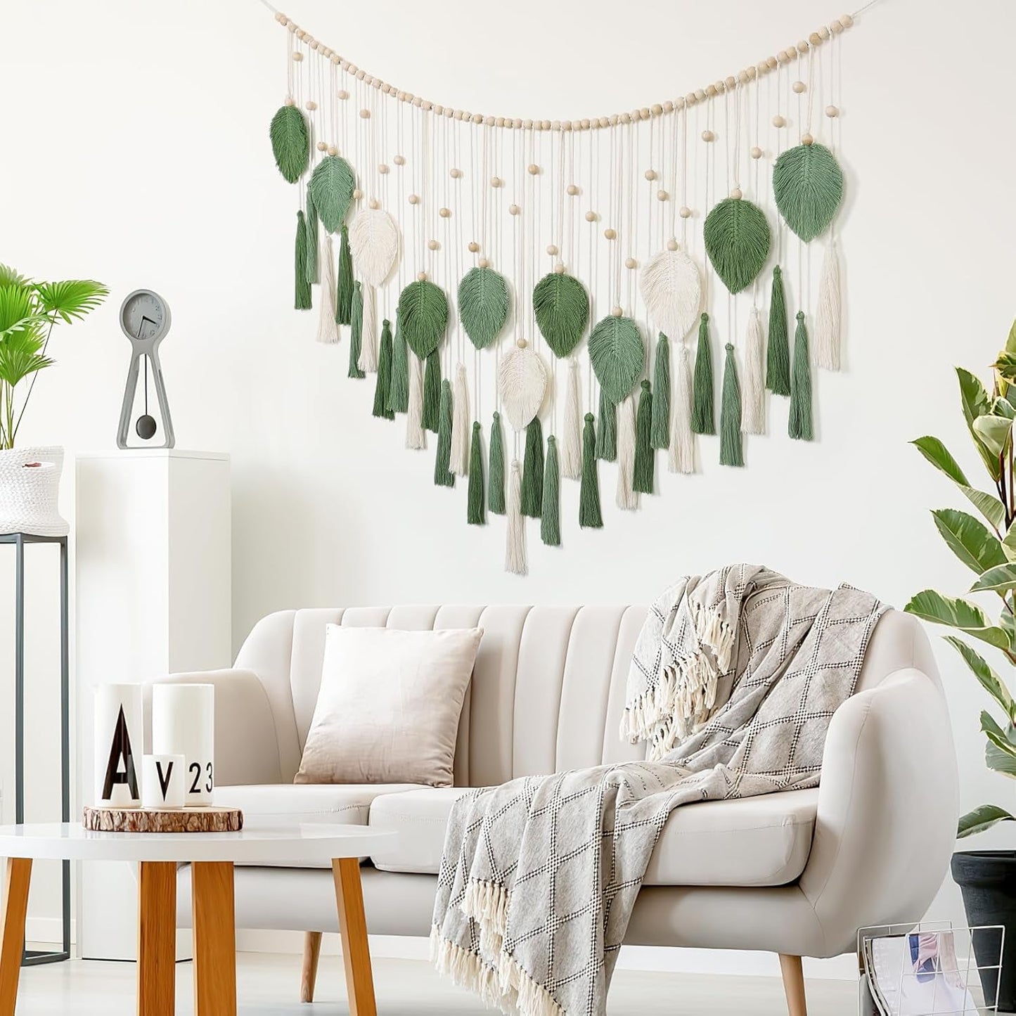 Dremisland tapiz grande hojas verdes beige borlas Hogar - Accesorios y Decoración Naty Shop