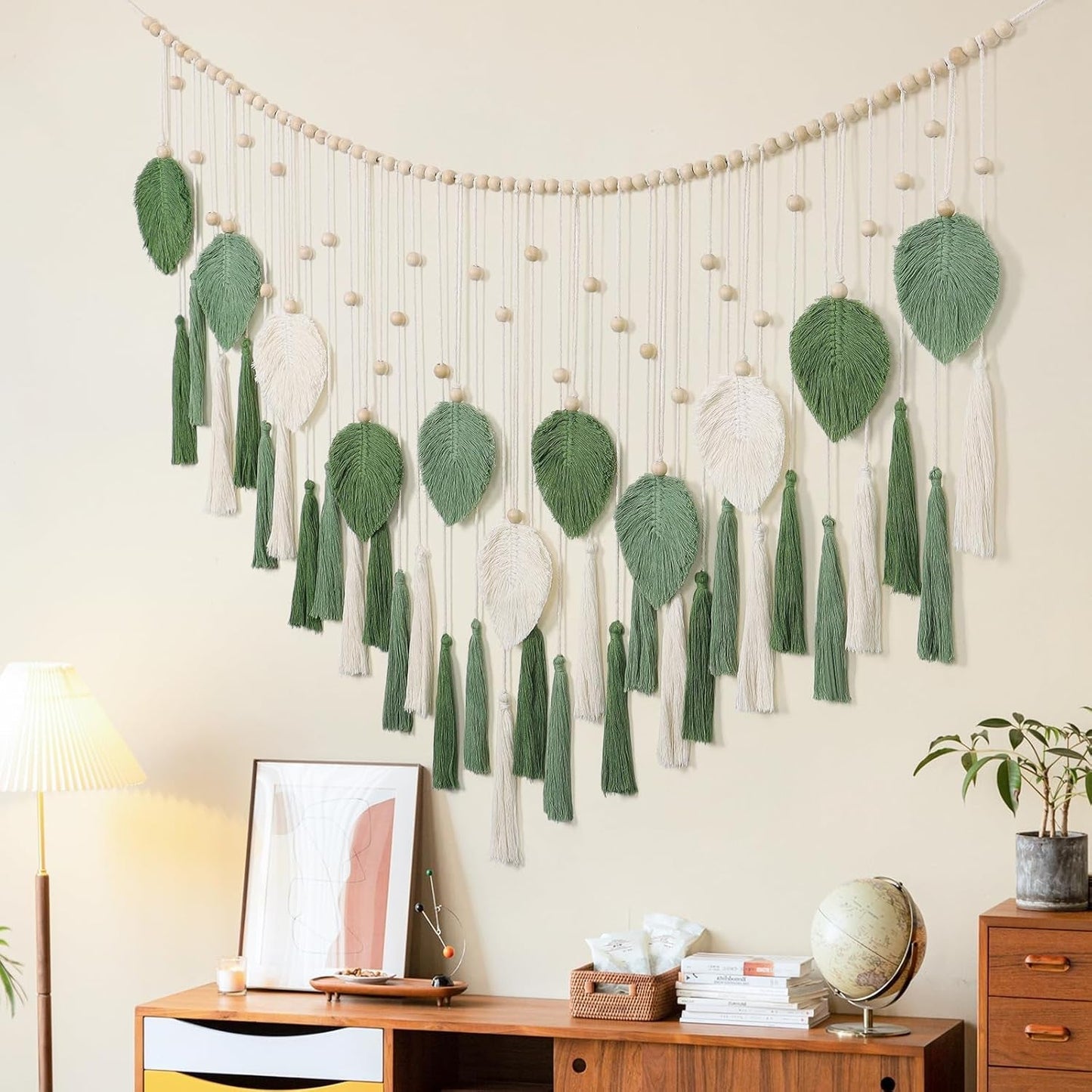 Dremisland tapiz grande hojas verdes beige borlas Hogar - Accesorios y Decoración Naty Shop