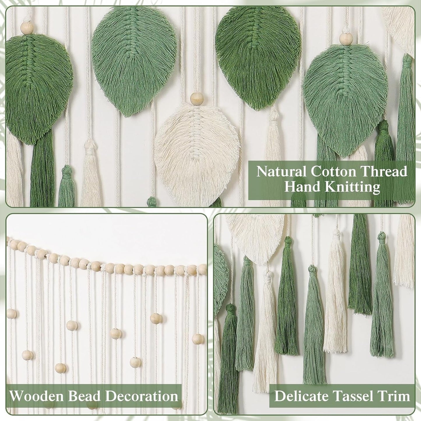 Dremisland tapiz grande hojas verdes beige borlas Hogar - Accesorios y Decoración Naty Shop
