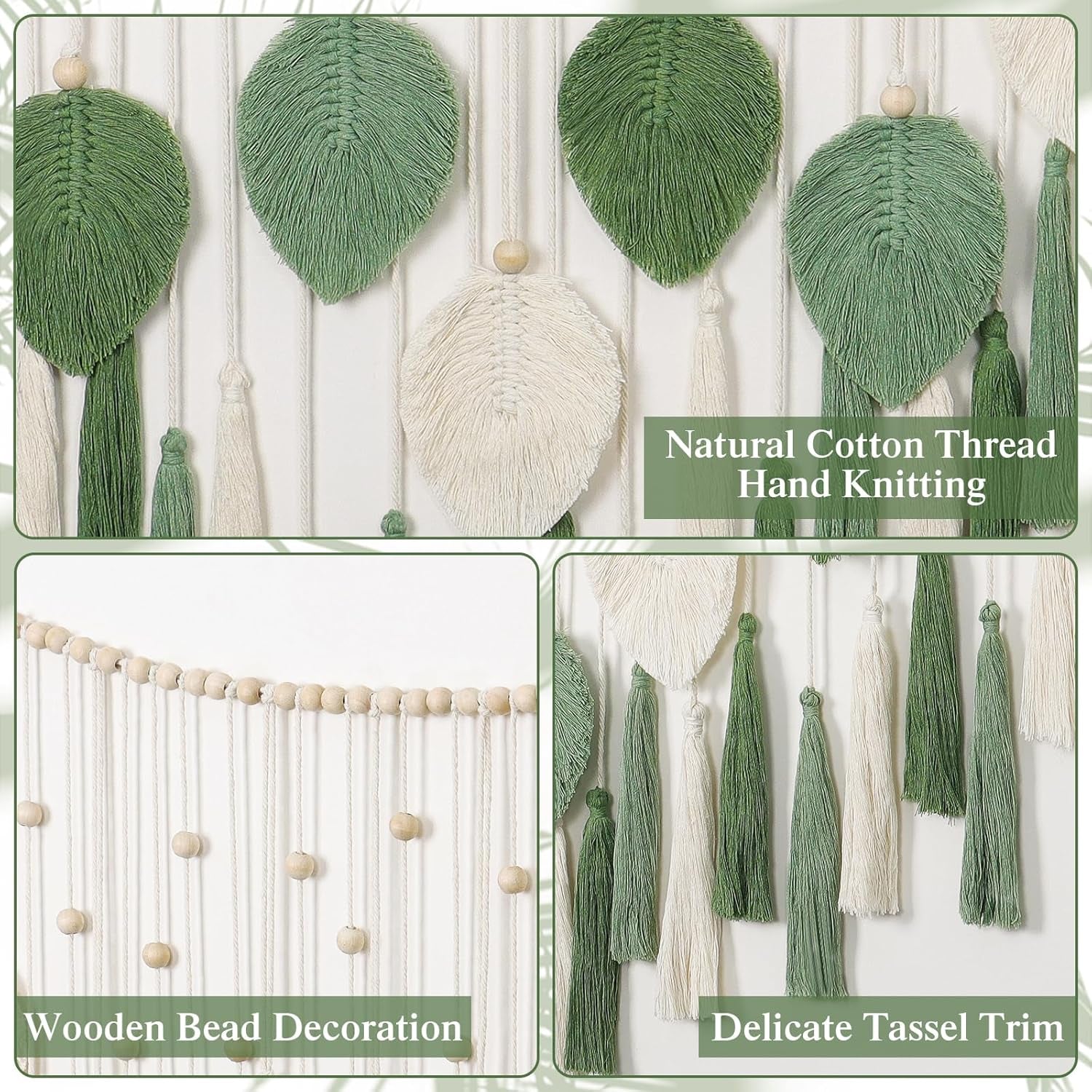 Dremisland tapiz grande hojas verdes beige borlas Hogar - Accesorios y Decoración Naty Shop