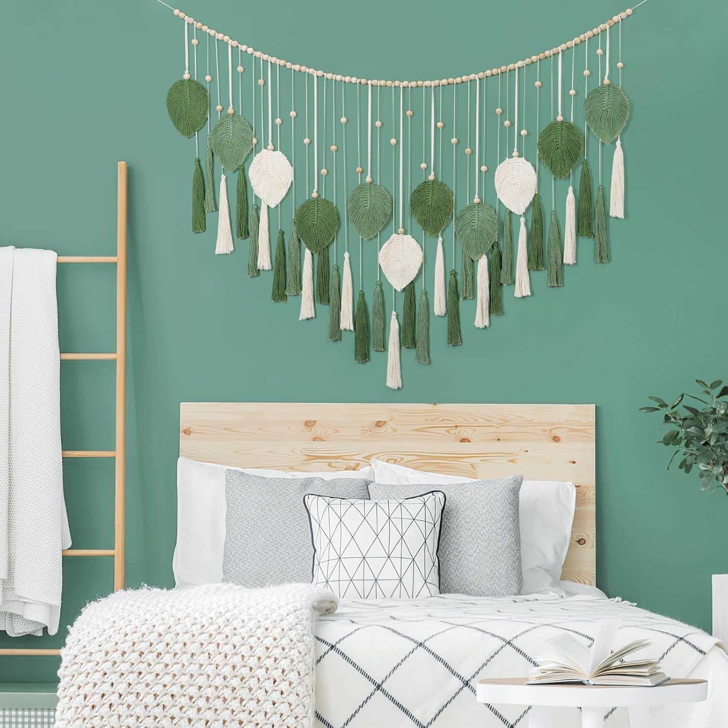 Dremisland tapiz grande hojas verdes beige borlas Hogar - Accesorios y Decoración Naty Shop
